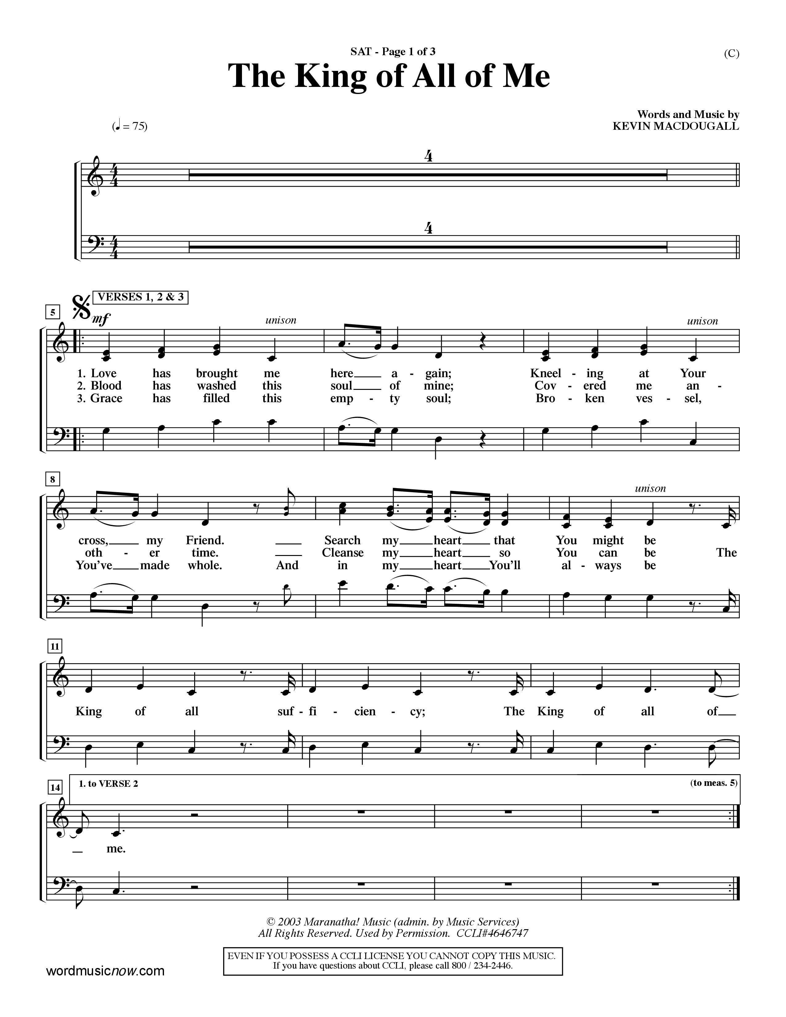 The King Of All Of Me (Choral Anthem SATB) Lead Sheet (SAT) (Word Music Choral / Orch. Dave Williamson)