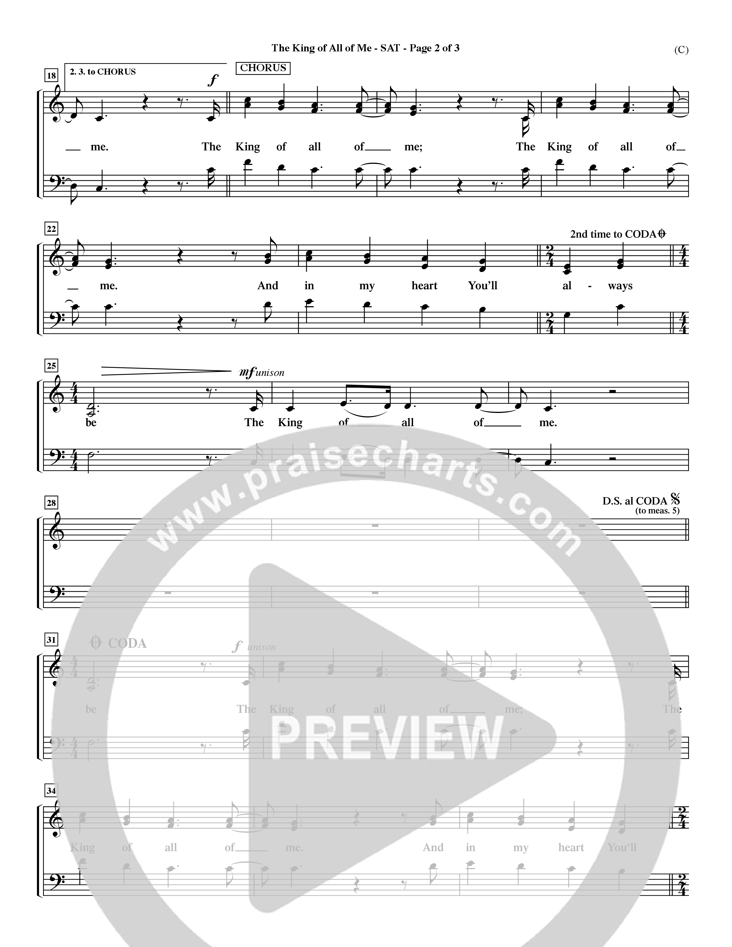 The King Of All Of Me (Choral Anthem SATB) Lead Sheet (SAT) (Word Music Choral / Orch. Dave Williamson)