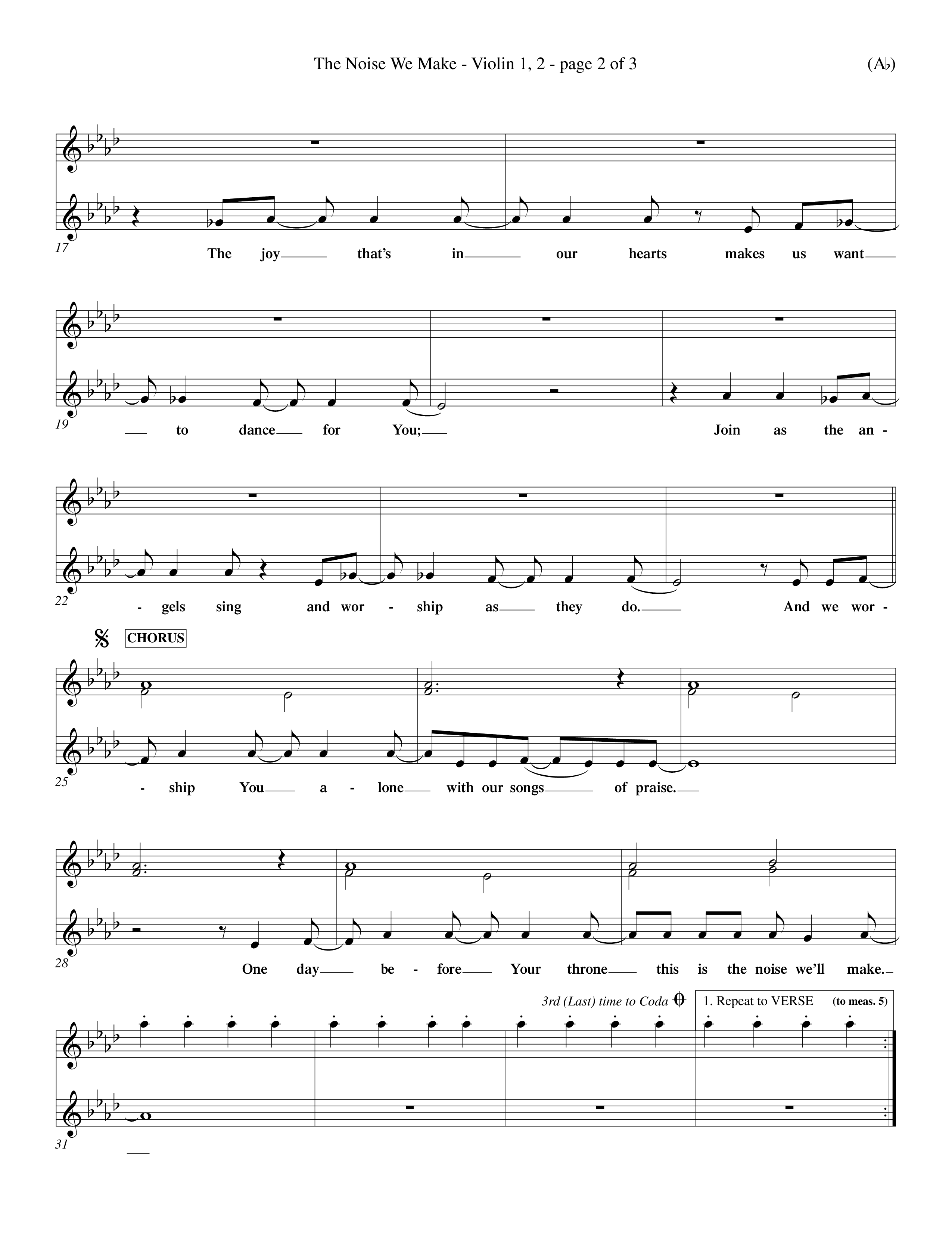 The Noise We Make (Choral Anthem SATB) Violin 1/2 (Word Music Choral / Orch. Dave Williamson)