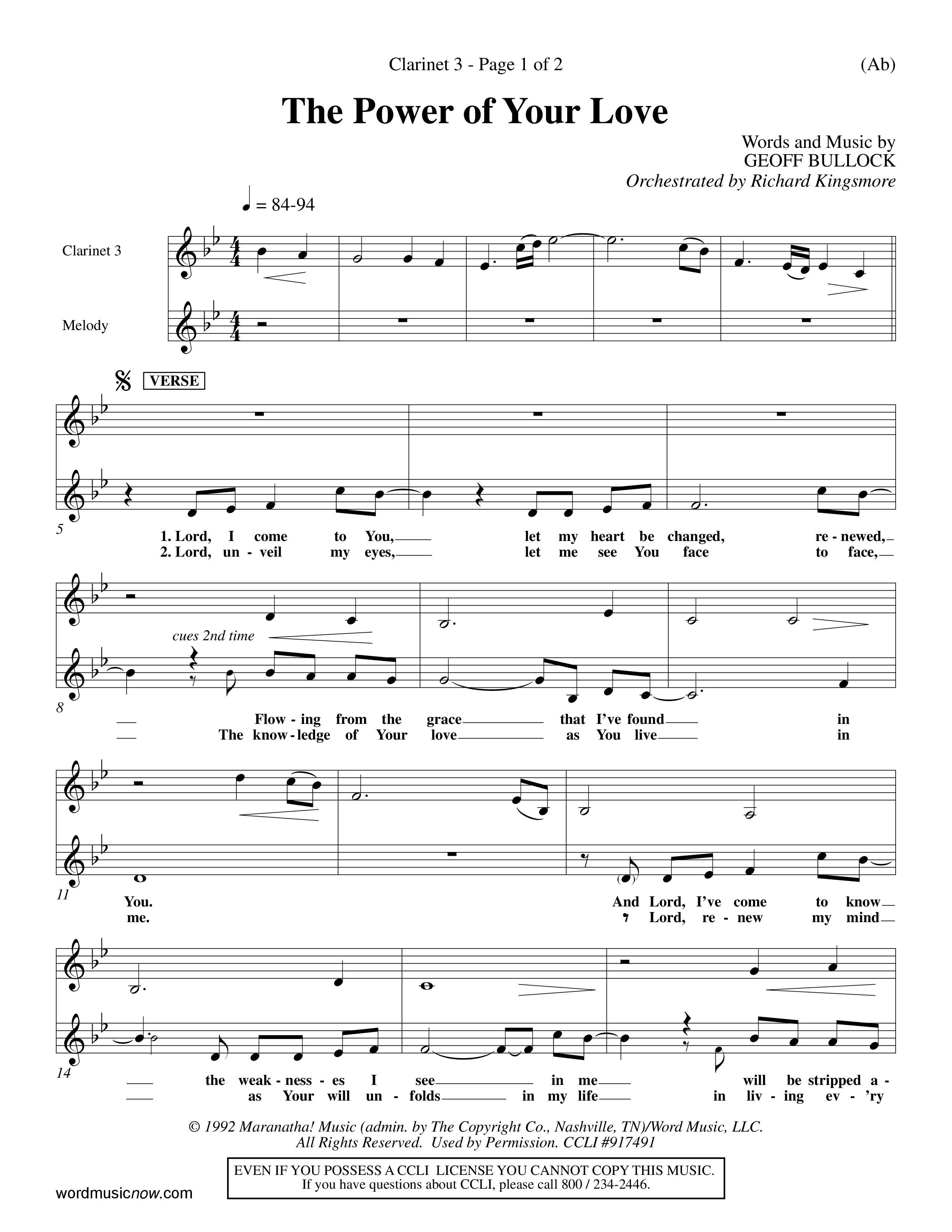 The Power Of Your Love (Choral Anthem SATB) Clarinet 3 (Word Music Choral / Orch. Richard Kingsmore)