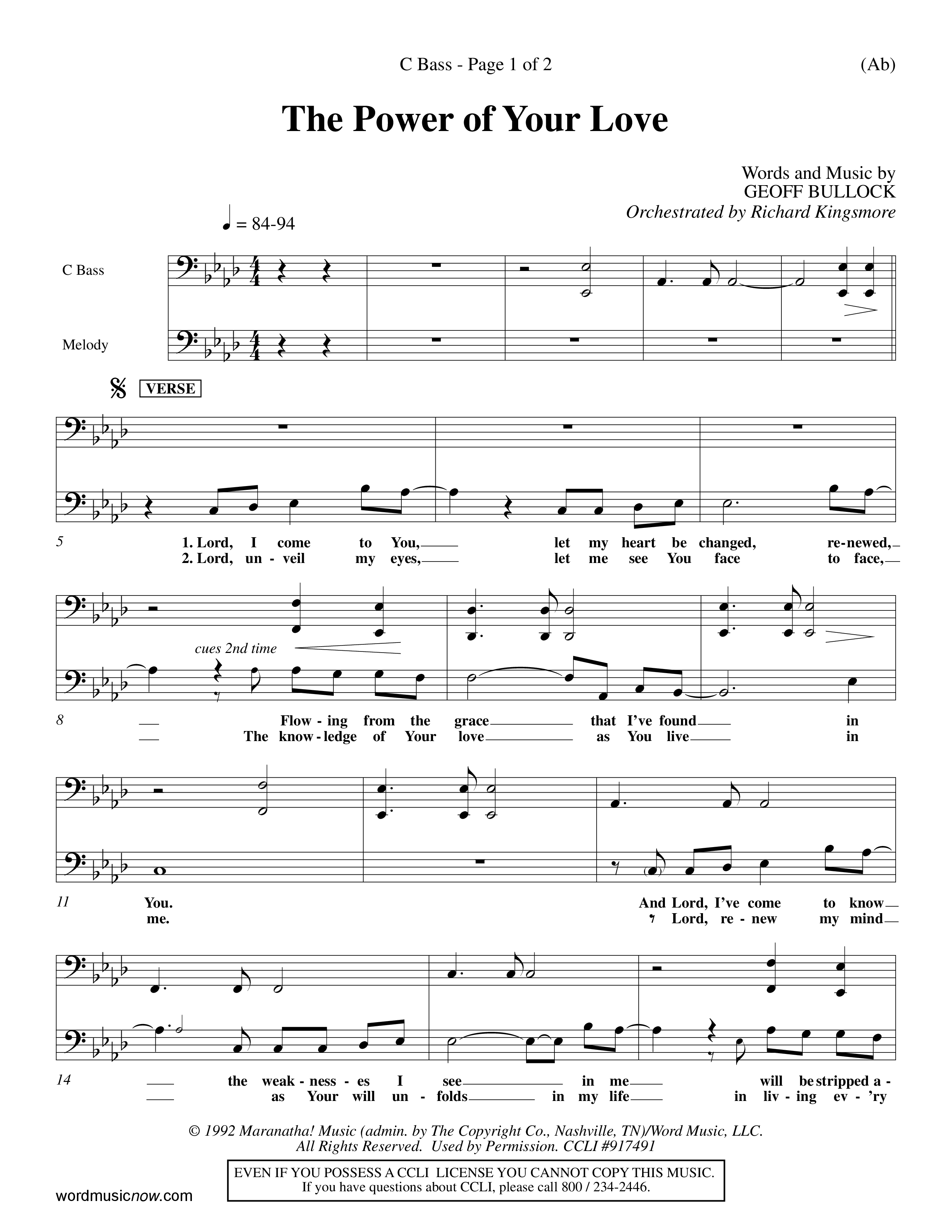 The Power Of Your Love (Choral Anthem SATB) Contrabass (Word Music Choral / Orch. Richard Kingsmore)