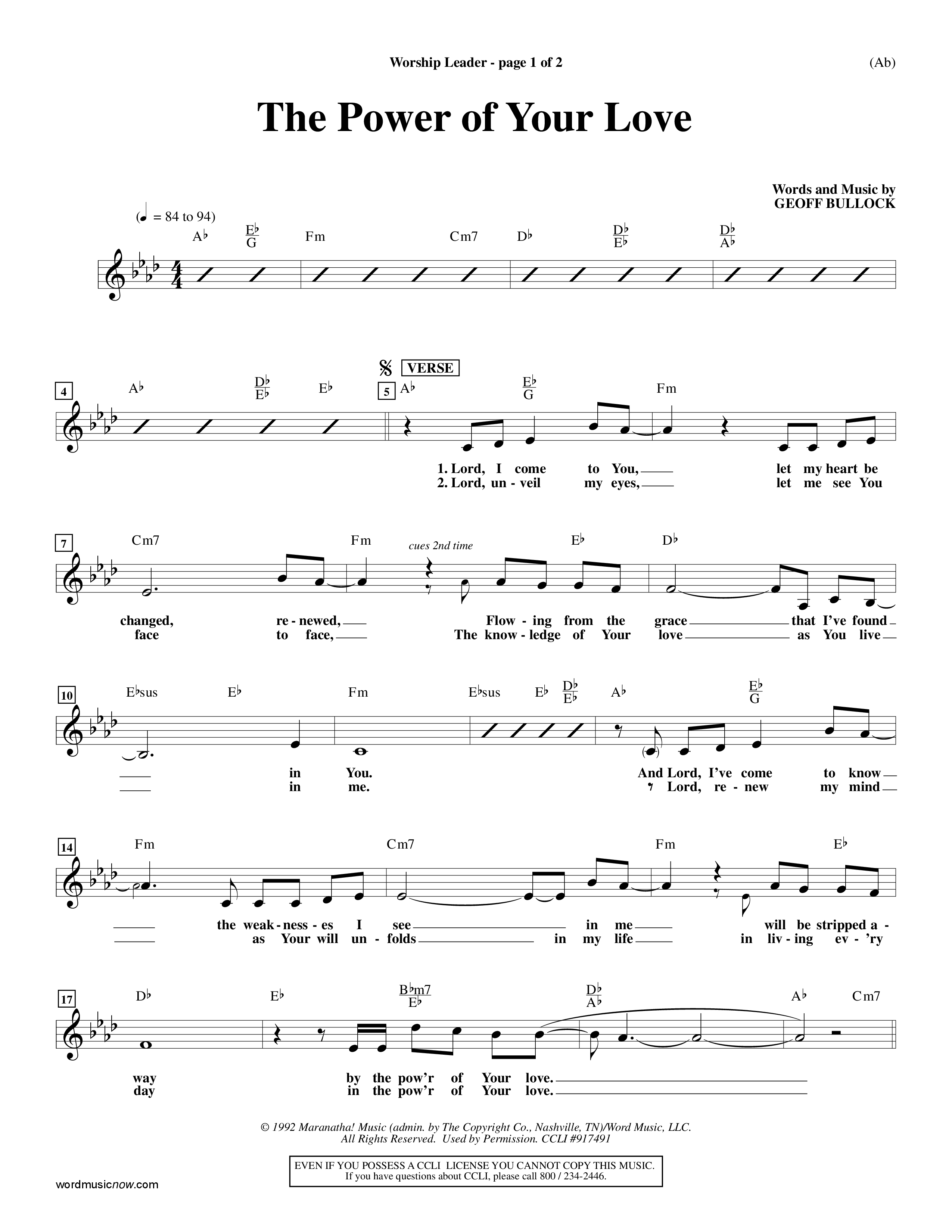 The Power Of Your Love (Choral Anthem SATB) Lead Sheet (Mel) (Word Music Choral / Orch. Richard Kingsmore)