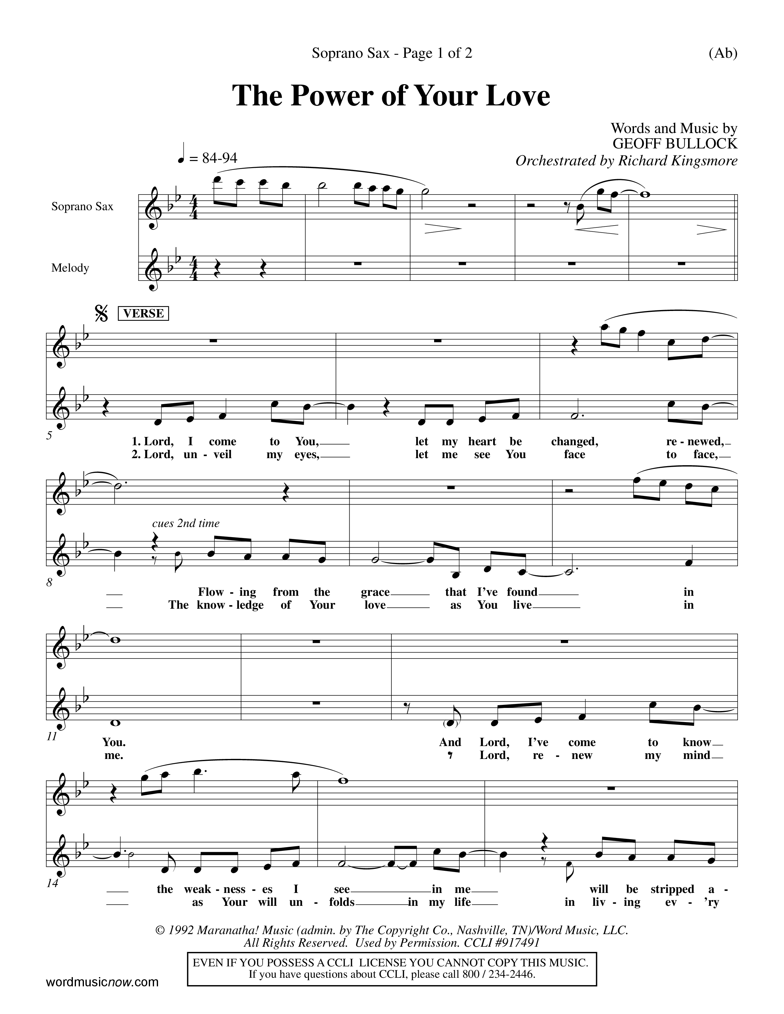 The Power Of Your Love (Choral Anthem SATB) Saxophone (Word Music Choral / Orch. Richard Kingsmore)