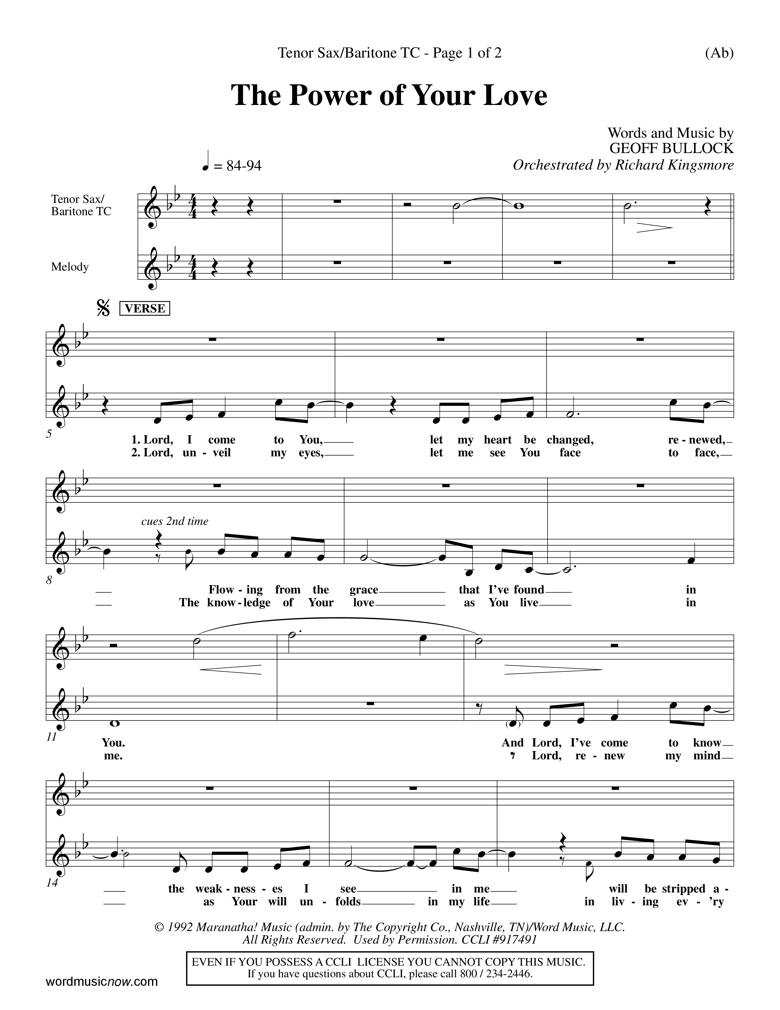 The Power Of Your Love (Choral Anthem SATB) Tenor Sax/Baritone T.C. (Word Music Choral / Orch. Richard Kingsmore)