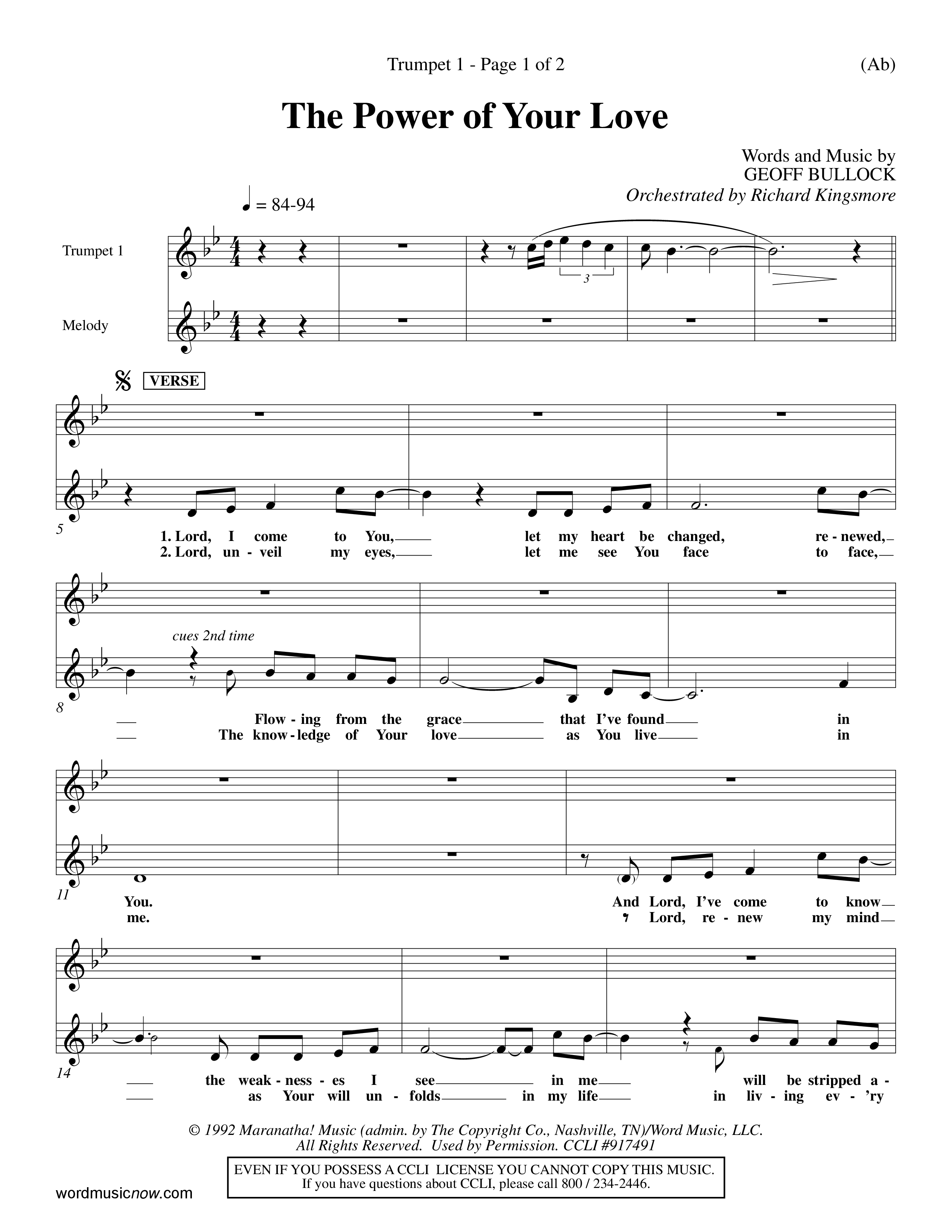 The Power Of Your Love (Choral Anthem SATB) Trumpet 1 (Word Music Choral / Orch. Richard Kingsmore)