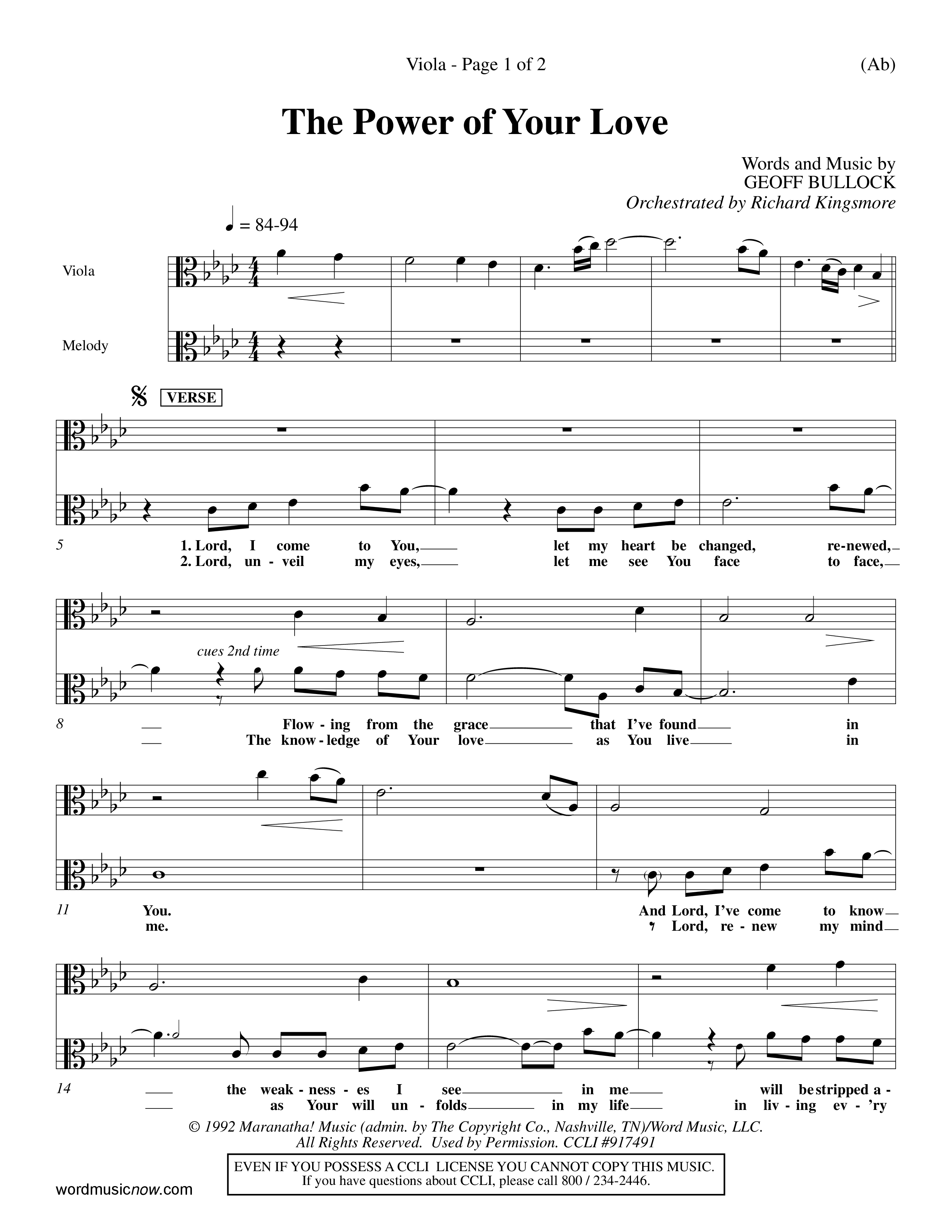 The Power Of Your Love (Choral Anthem SATB) Viola (Word Music Choral / Orch. Richard Kingsmore)