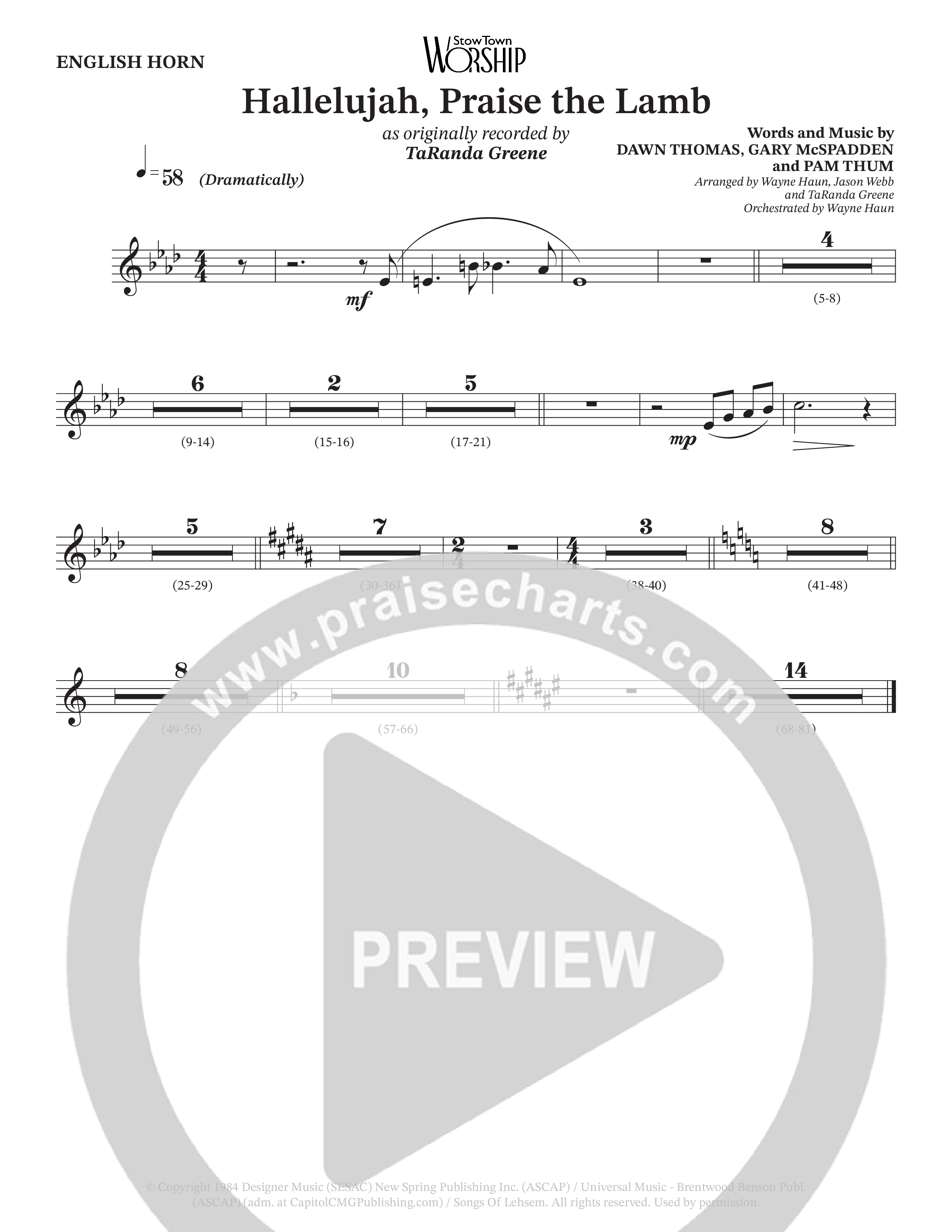 Hallelujah Praise The Lamb (Choral Anthem SATB) English Horn (TaRanda Greene / Arr. Jason Webb / Orch. Wayne Haun)