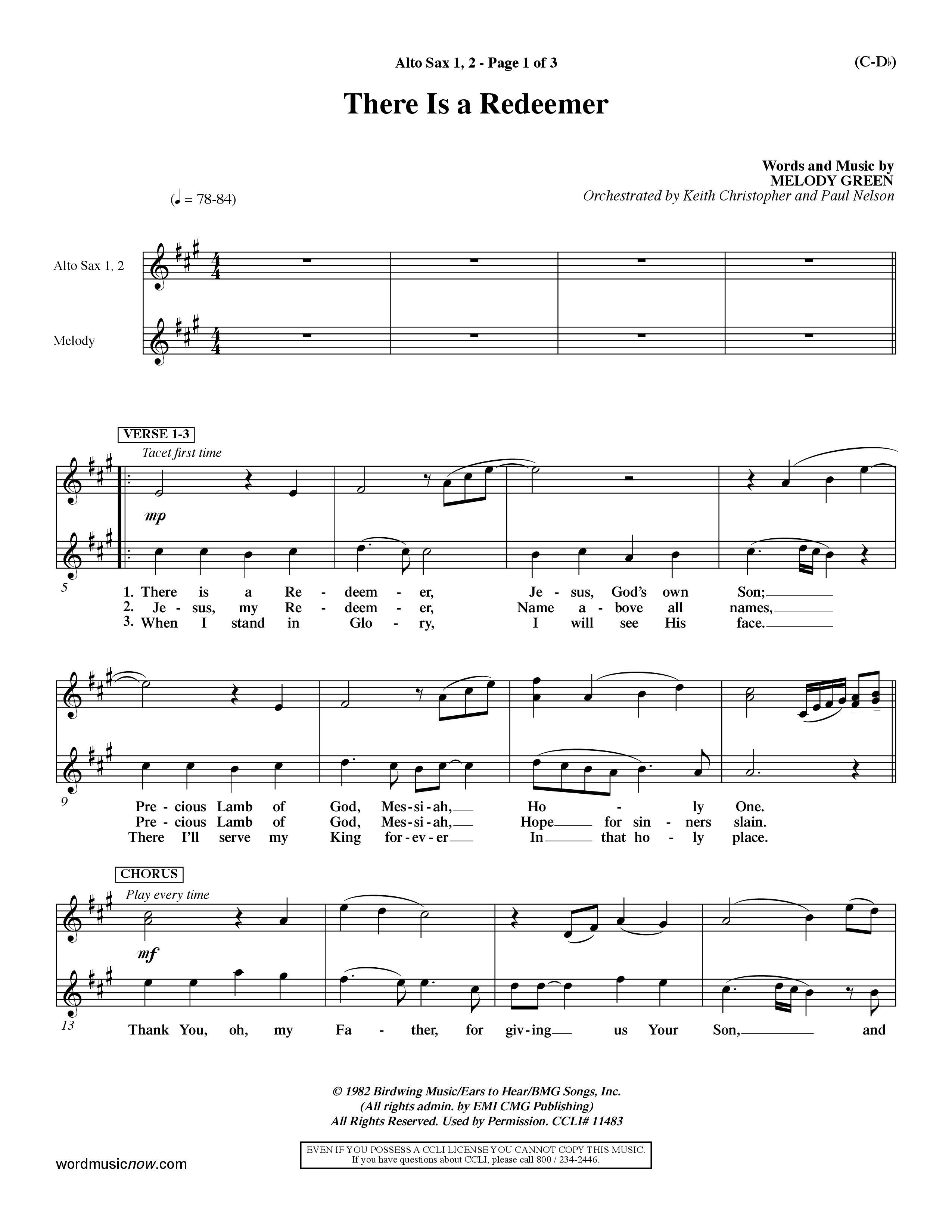 There Is A Redeemer (Choral Anthem SATB) Alto Sax 1/2 (Word Music Choral / Orch. Keith Christopher / Orch. Paul Nelson)