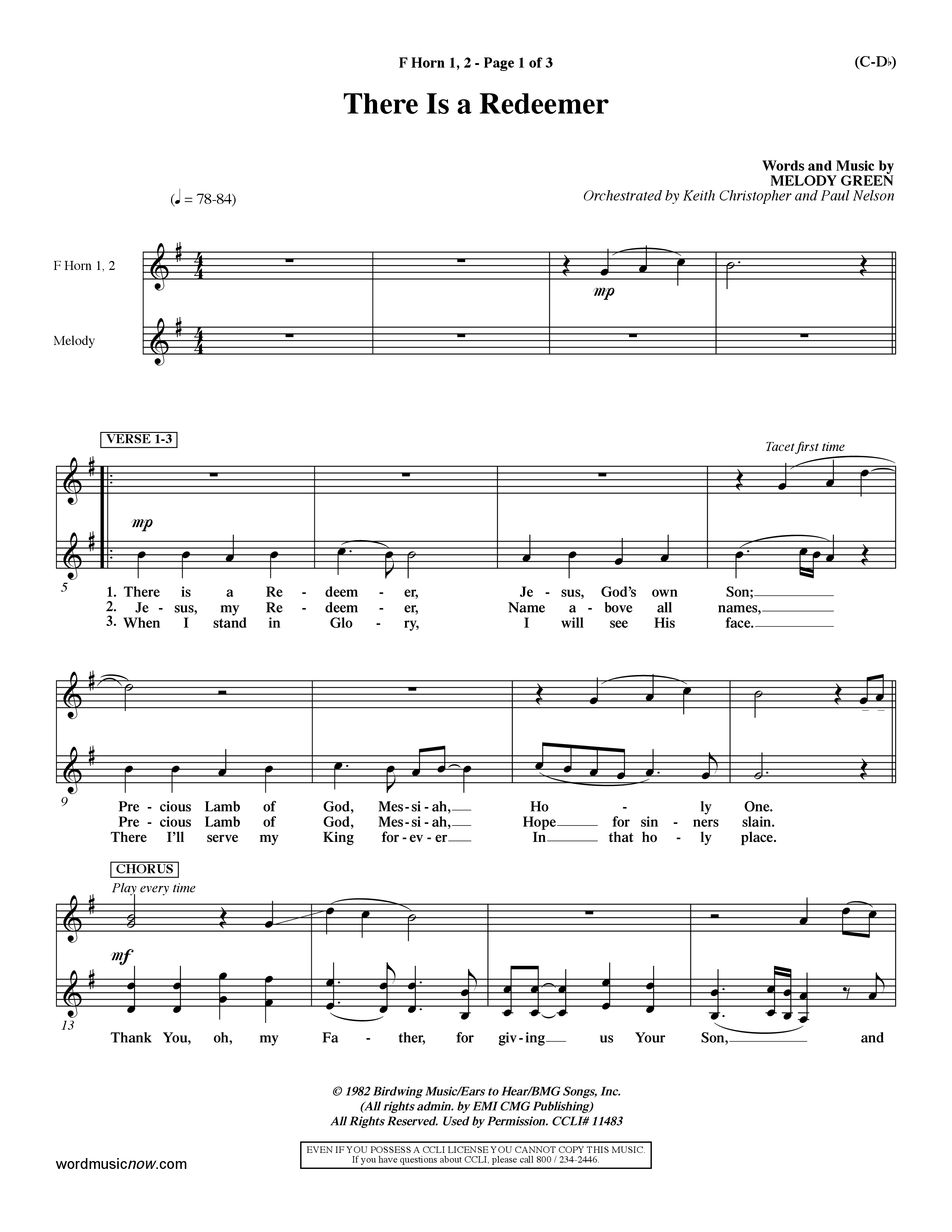 There Is A Redeemer (Choral Anthem SATB) French Horn (Word Music Choral / Orch. Keith Christopher / Orch. Paul Nelson)