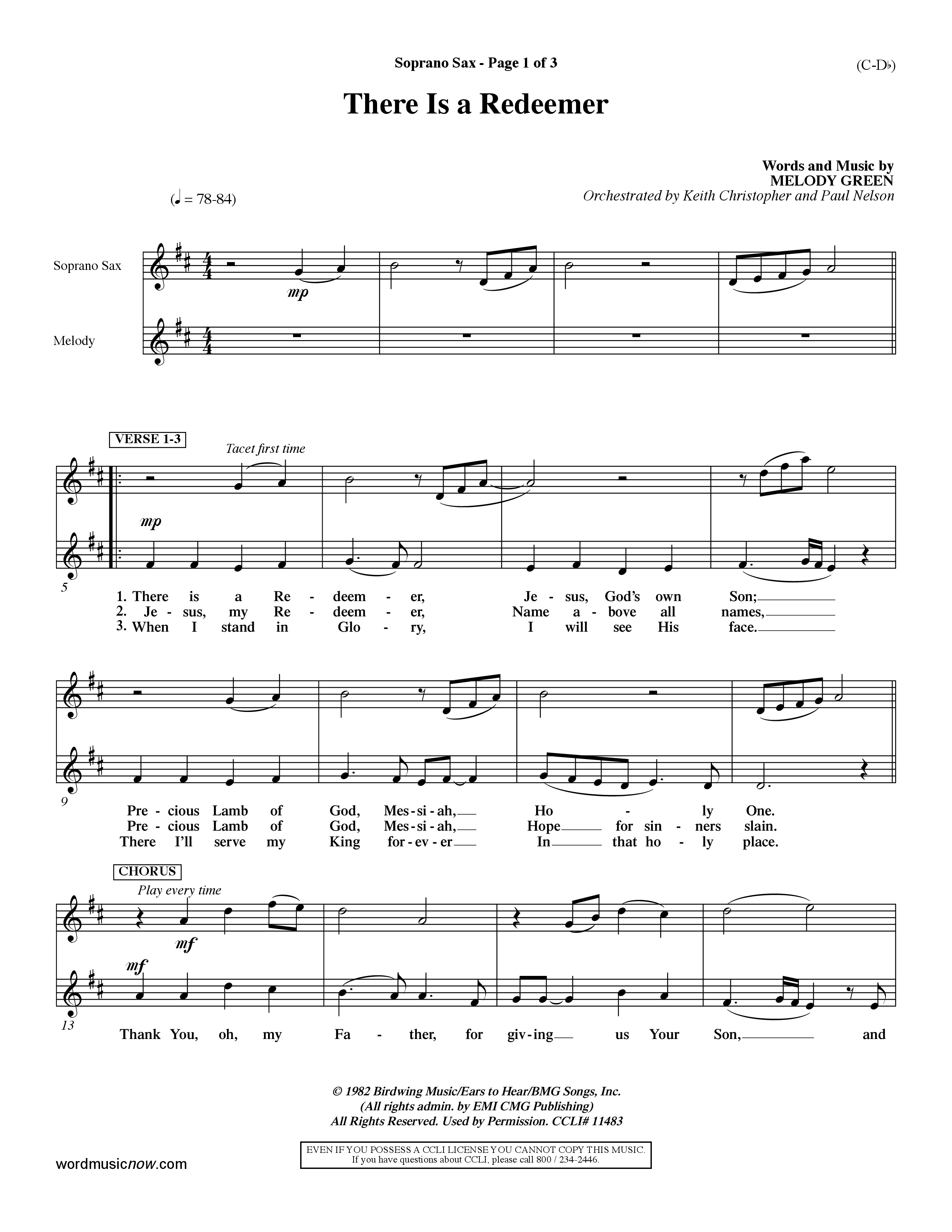 There Is A Redeemer (Choral Anthem SATB) Saxophone (Word Music Choral / Orch. Keith Christopher / Orch. Paul Nelson)