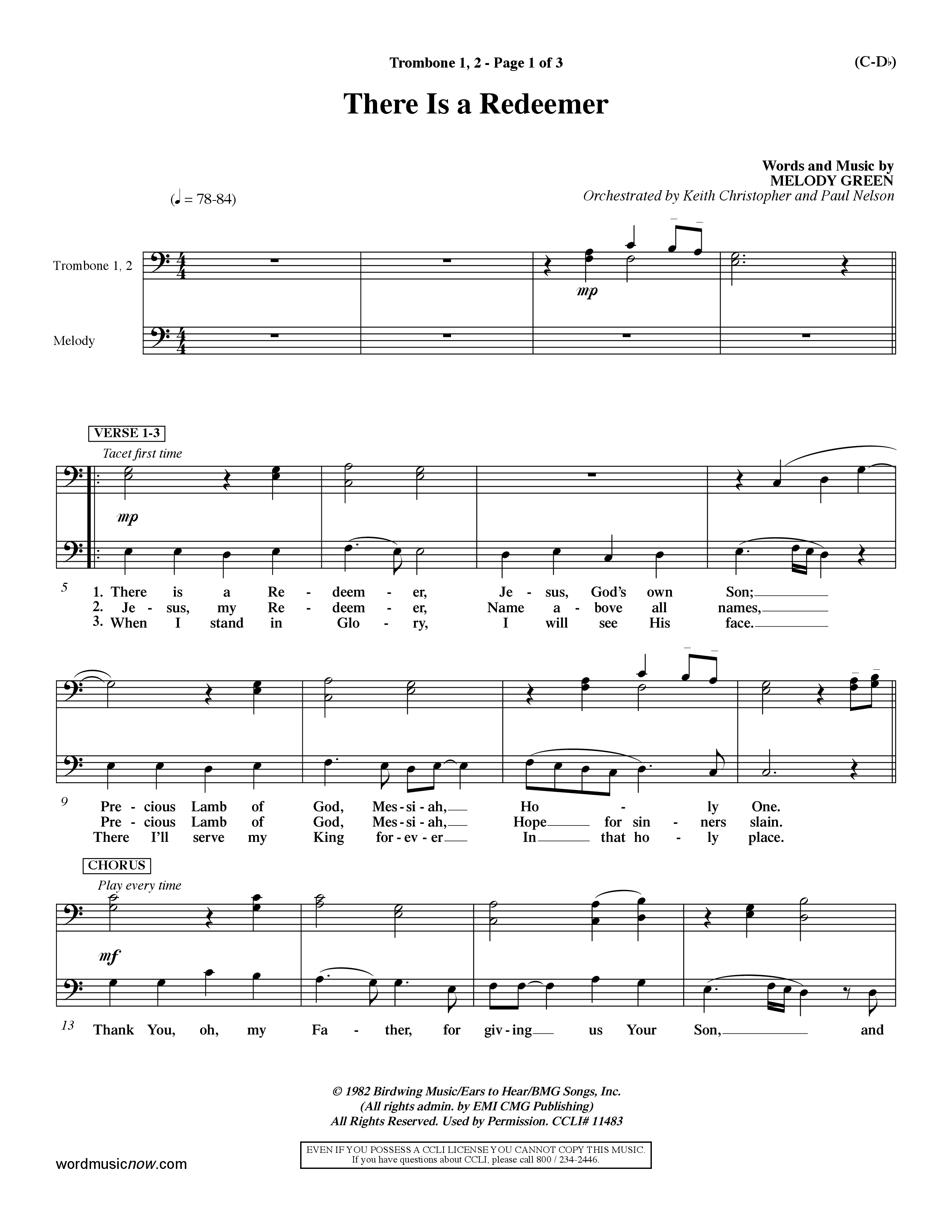 There Is A Redeemer (Choral Anthem SATB) Trombone 1/2 (Word Music Choral / Orch. Keith Christopher / Orch. Paul Nelson)