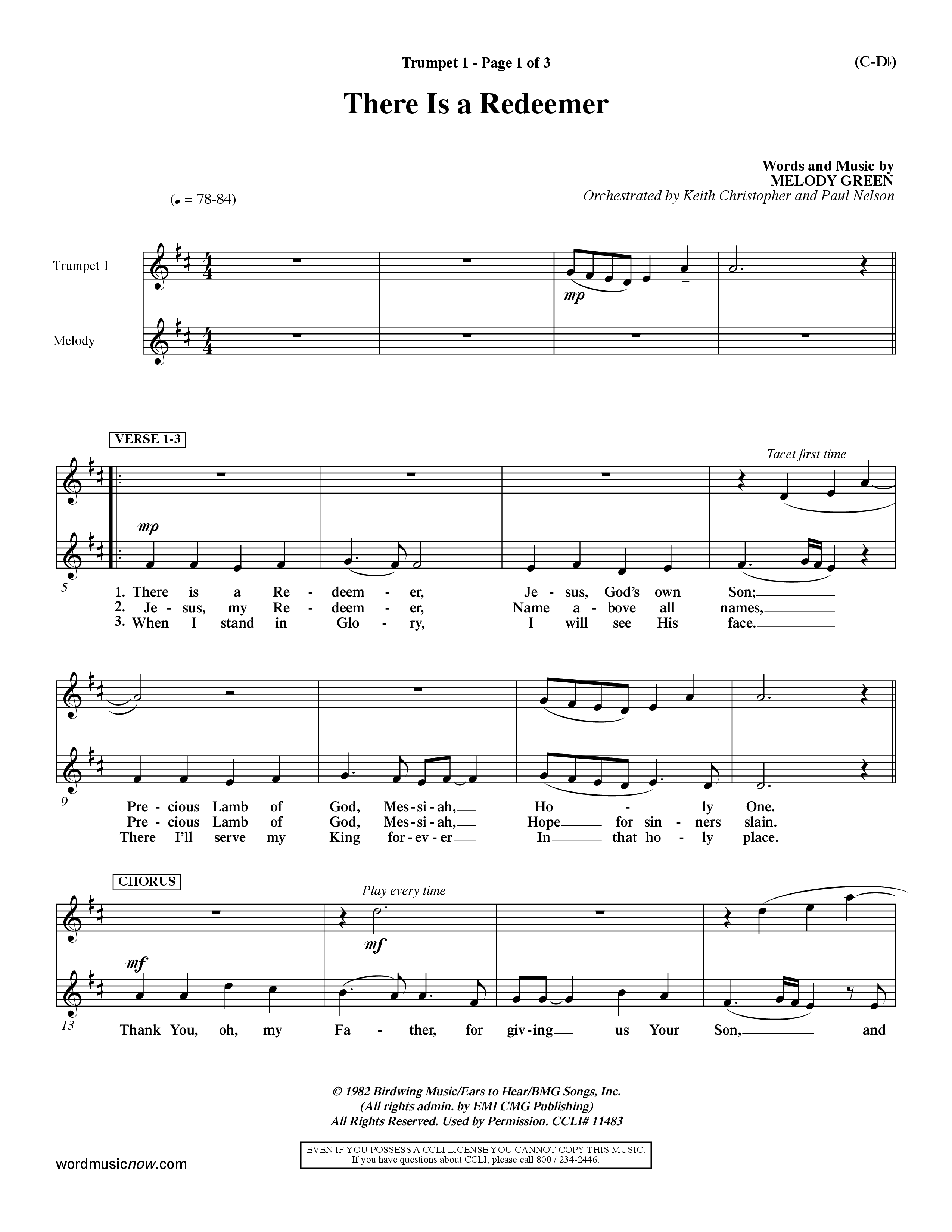There Is A Redeemer (Choral Anthem SATB) Trumpet 1 (Word Music Choral / Orch. Keith Christopher / Orch. Paul Nelson)