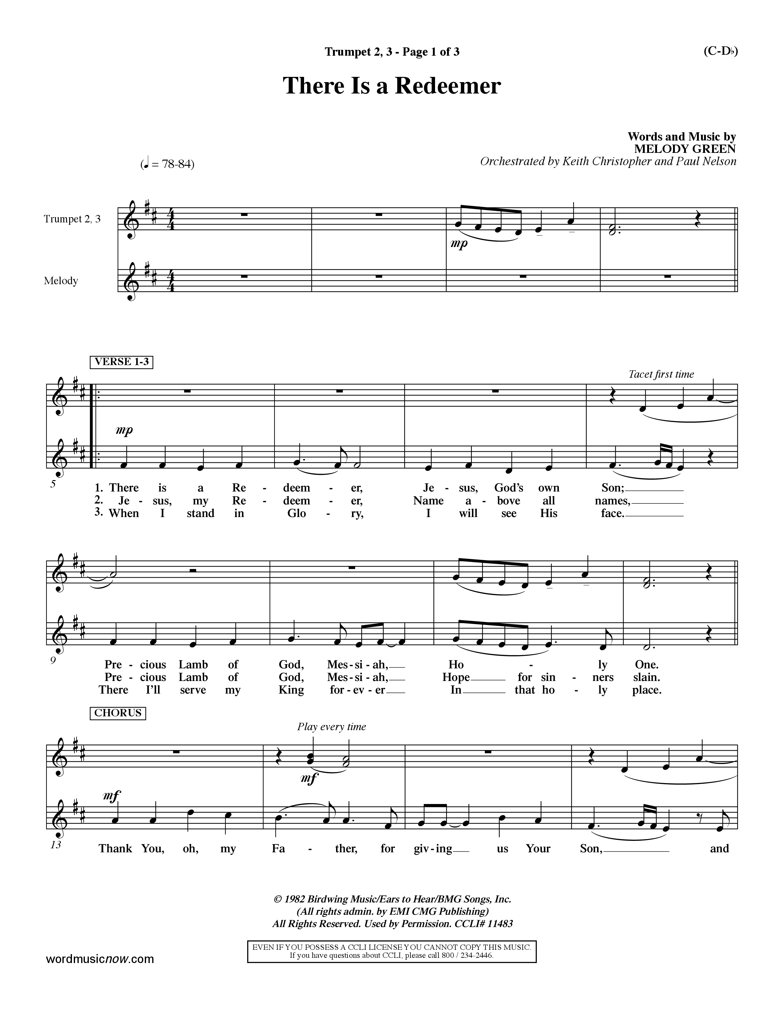 There Is A Redeemer (Choral Anthem SATB) Trumpet 2/3 (Word Music Choral / Orch. Keith Christopher / Orch. Paul Nelson)