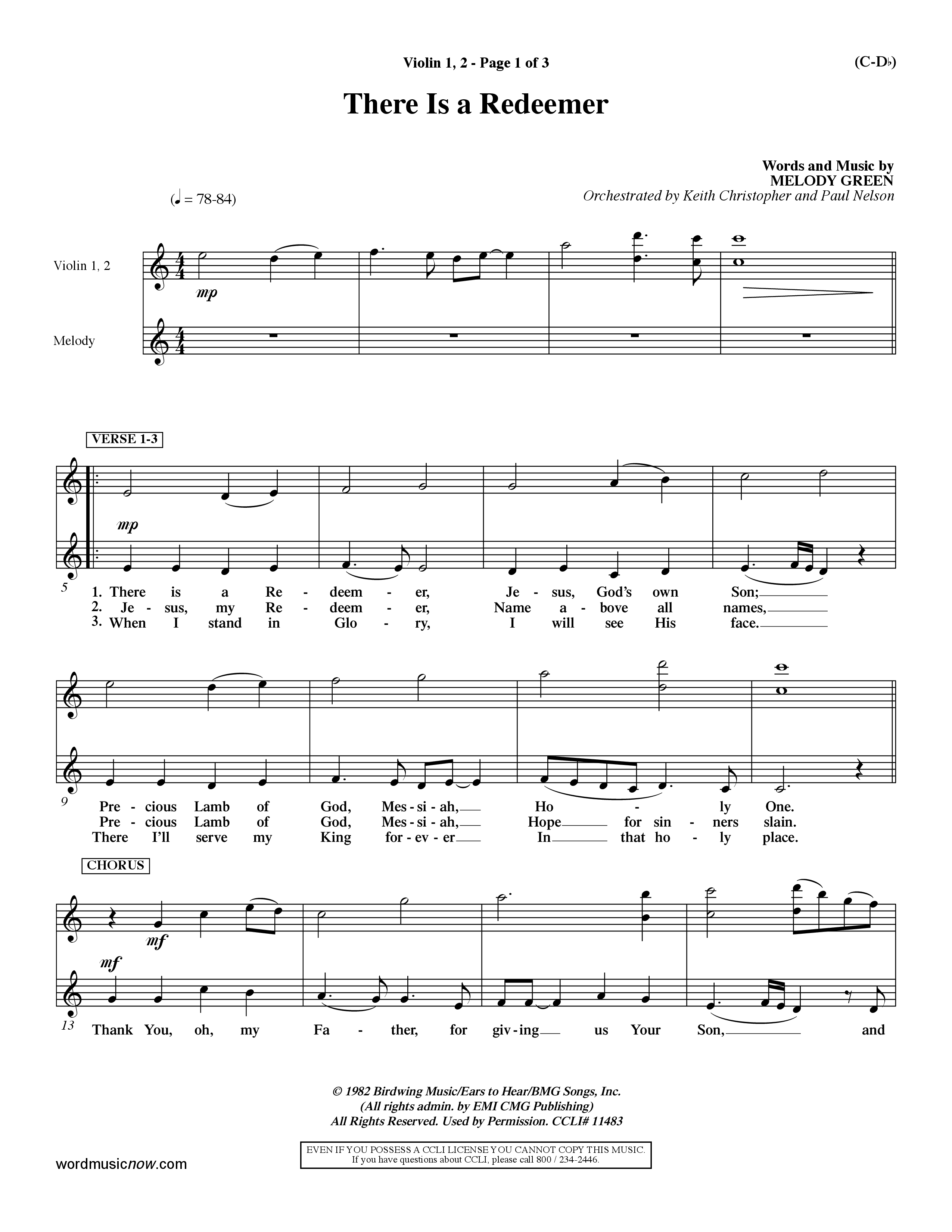 There Is A Redeemer (Choral Anthem SATB) Violin 1/2 (Word Music Choral / Orch. Keith Christopher / Orch. Paul Nelson)