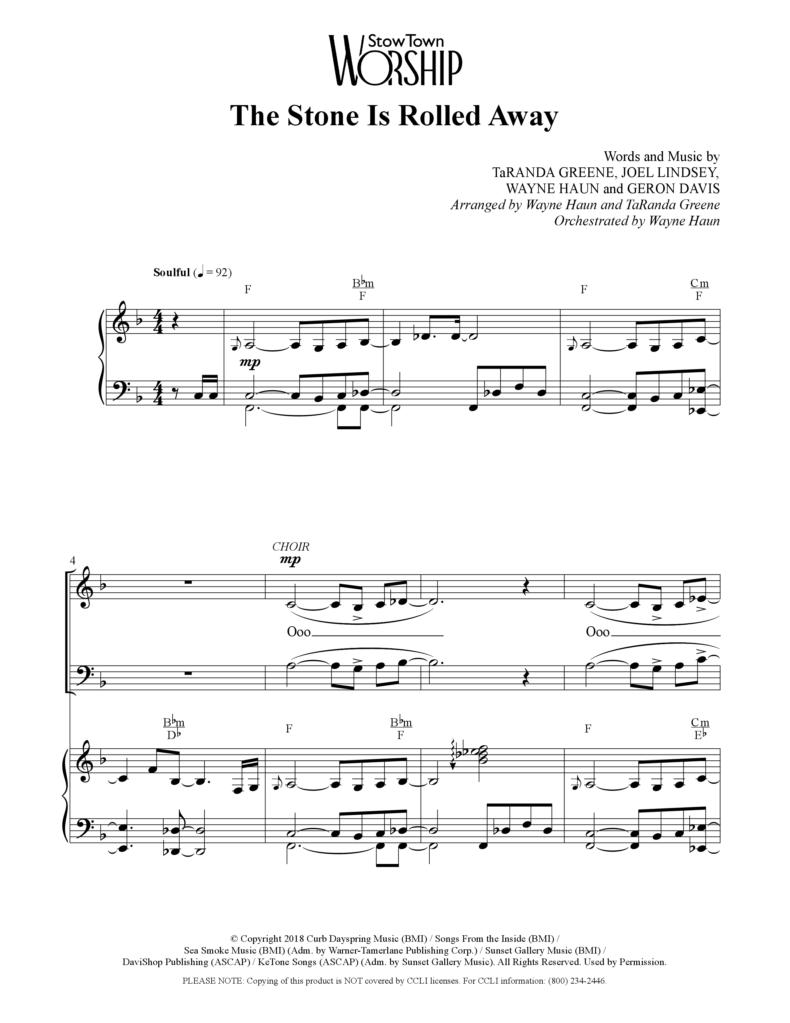 The Stone Is Rolled Away (Choral Anthem SATB) Octavo (SATB & Pno) (TaRanda Greene / Orch. Wayne Haun)