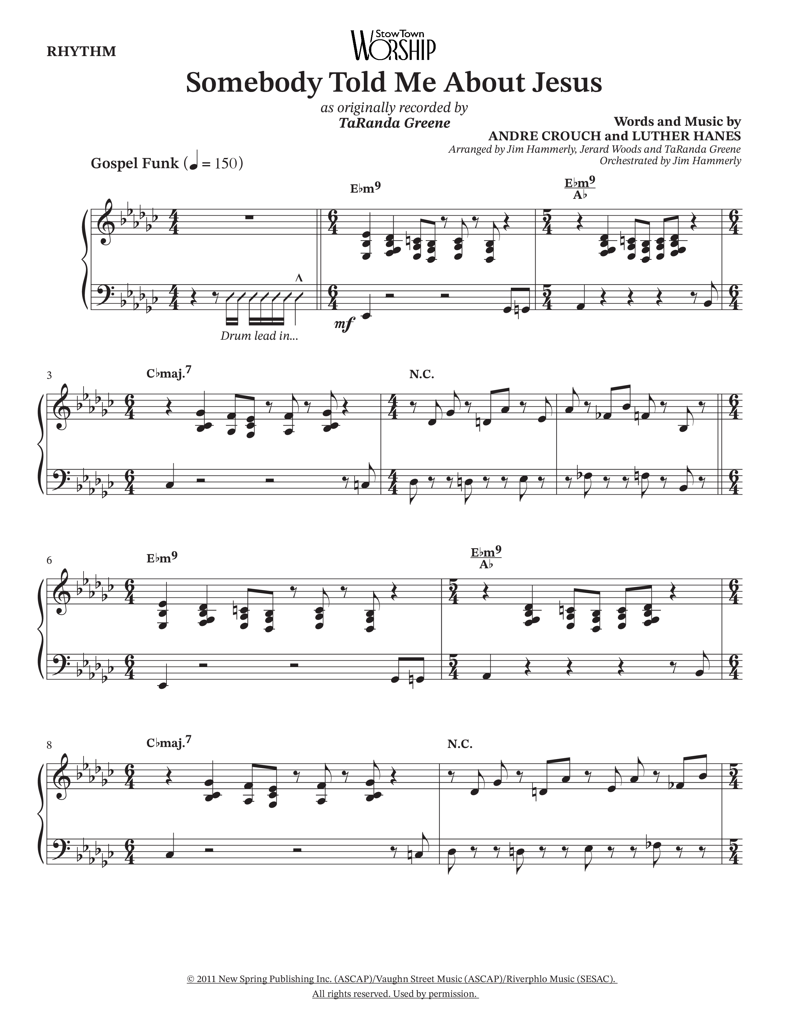 Somebody Told Me About Jesus (Choral Anthem SATB) Rhythm Chart (TaRanda Greene / Arr. Jerard Woods / Orch. Jim Hammerly)