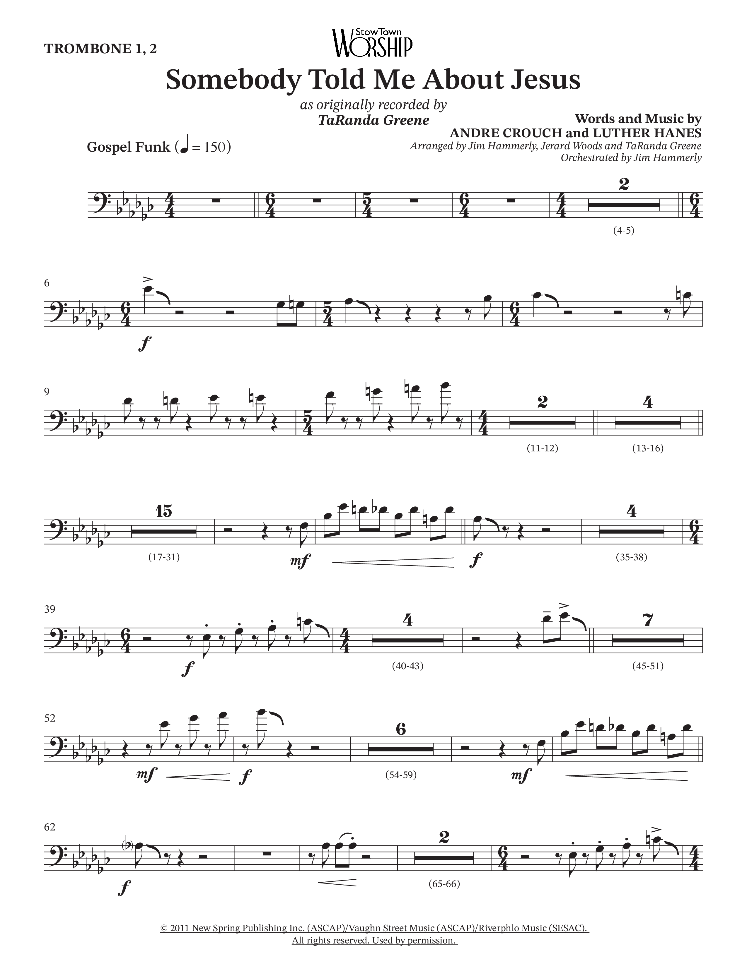 Somebody Told Me About Jesus (Choral Anthem SATB) Trombone 1/2 (TaRanda Greene / Arr. Jerard Woods / Orch. Jim Hammerly)