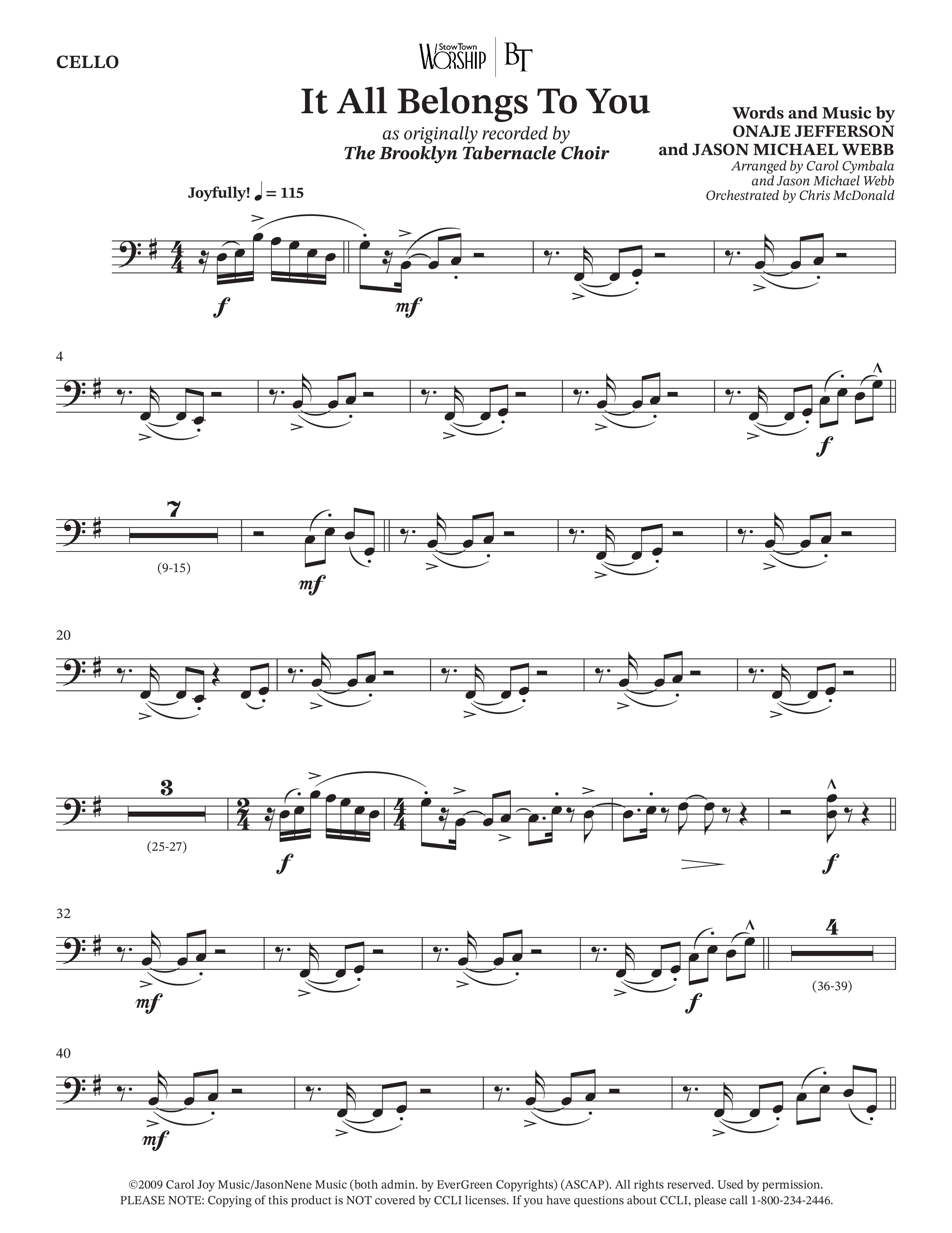 It All Belongs To You (Choral Anthem SATB) Cello (The Brooklyn Tabernacle Choir / Jonathan Butler / Arr. Carol Cymbala / Arr. Jason Webb / Orch. Chris McDonald)