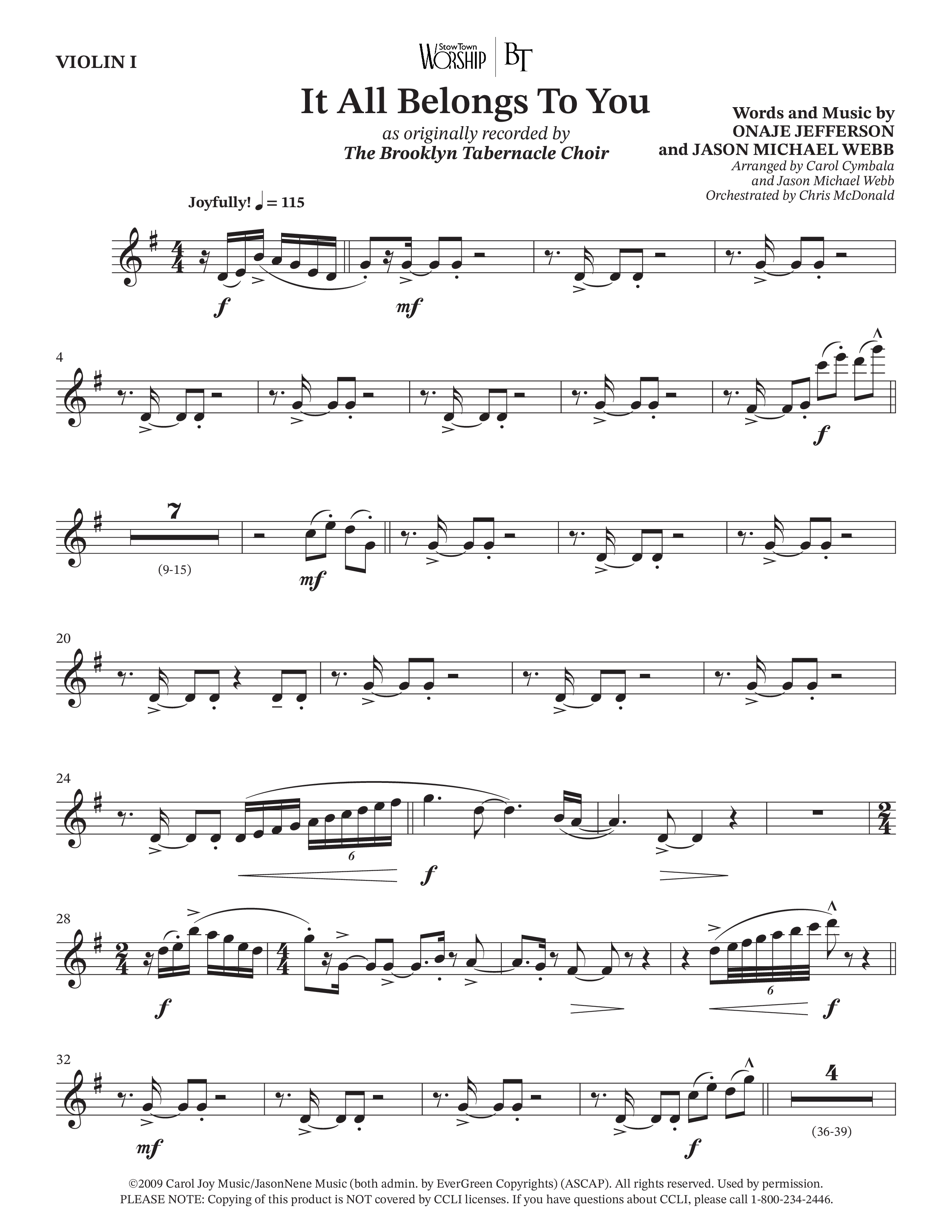 It All Belongs To You (Choral Anthem SATB) Violin 1 (The Brooklyn Tabernacle Choir / Jonathan Butler / Arr. Carol Cymbala / Arr. Jason Webb / Orch. Chris McDonald)