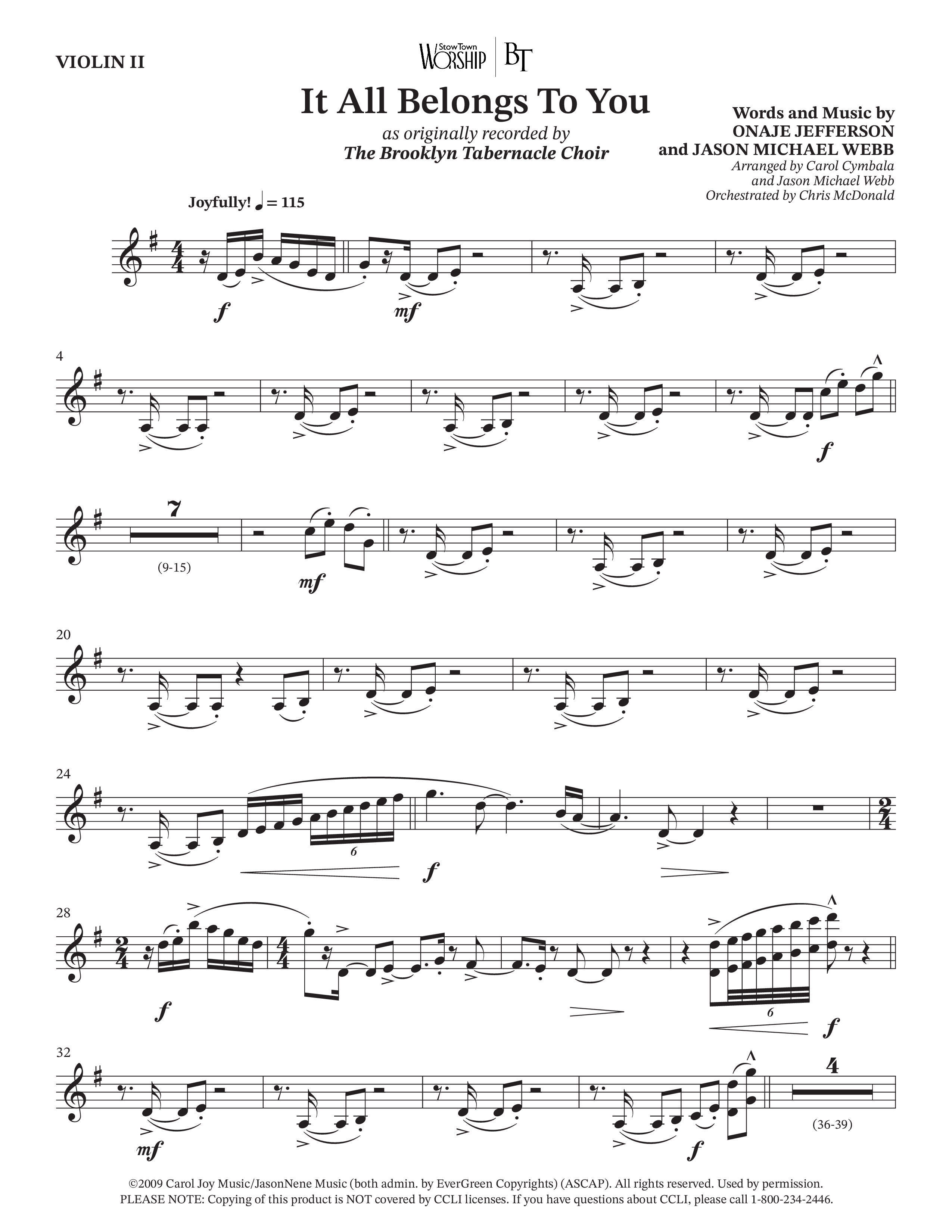 It All Belongs To You (Choral Anthem SATB) Violin 2 (The Brooklyn Tabernacle Choir / Jonathan Butler / Arr. Carol Cymbala / Arr. Jason Webb / Orch. Chris McDonald)