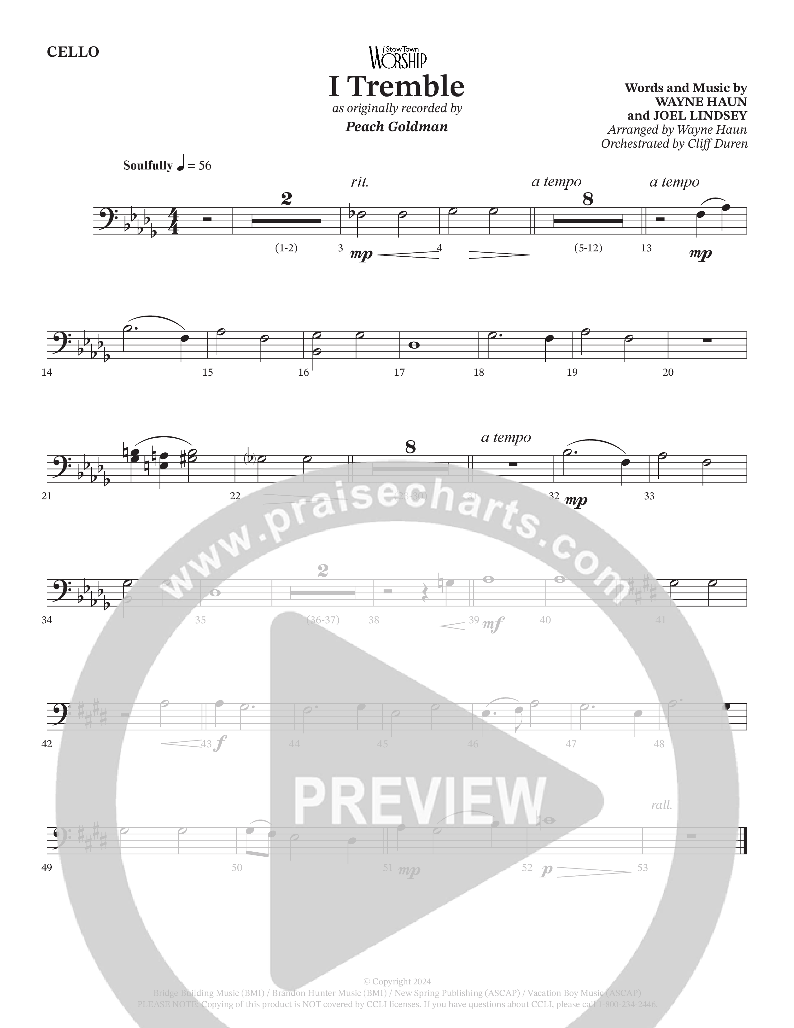 I Tremble (Choral Anthem SATB) Cello (Peach Goldman / Arr. Wayne Haun / Orch. Cliff Duren)