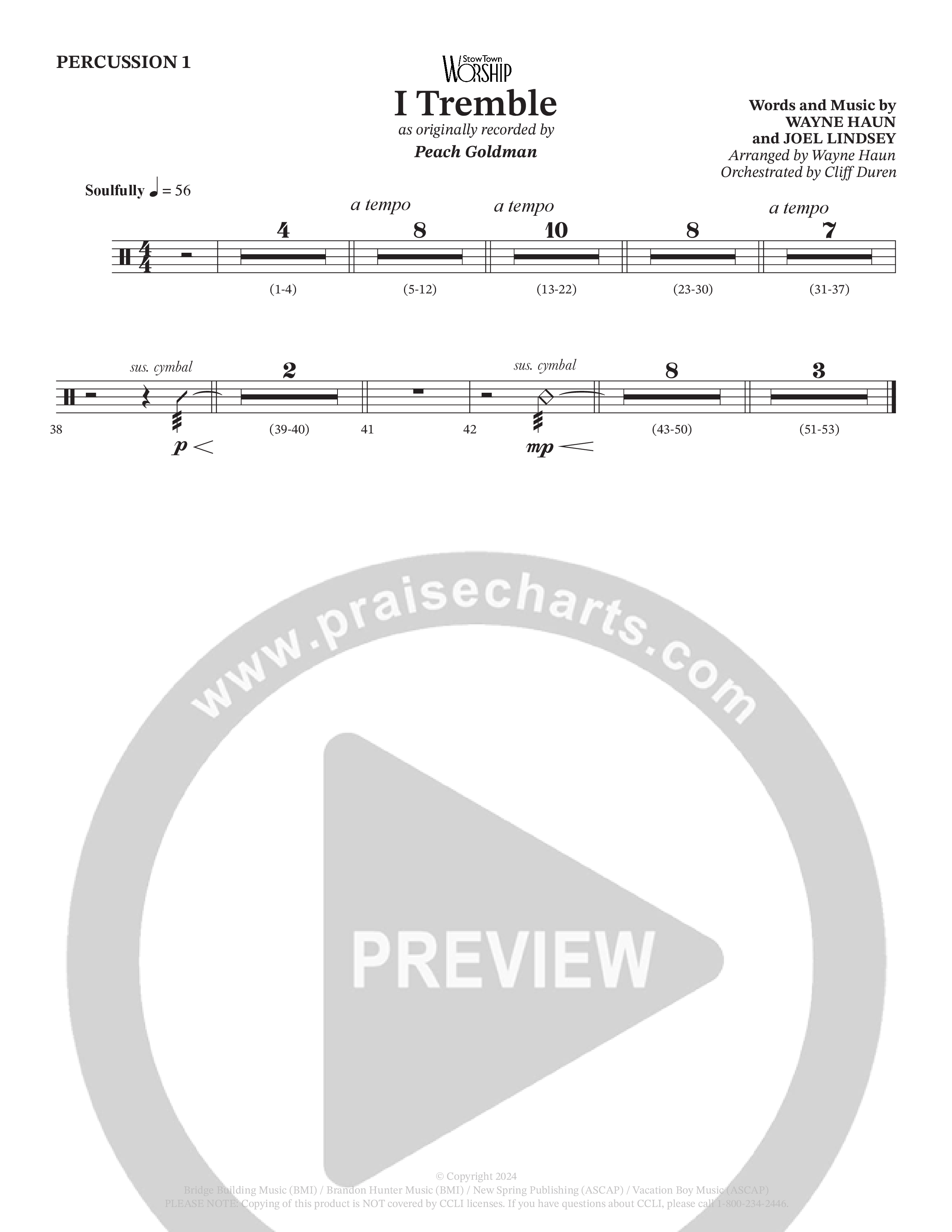 I Tremble (Choral Anthem SATB) Percussion (Peach Goldman / Arr. Wayne Haun / Orch. Cliff Duren)