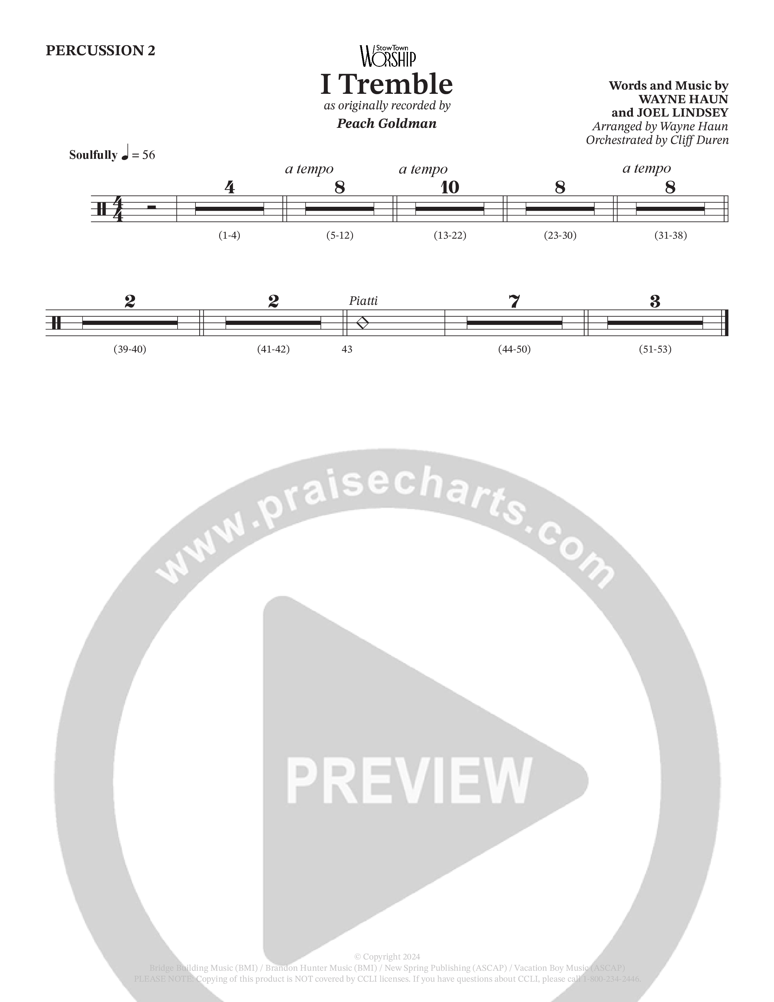 I Tremble (Choral Anthem SATB) Percussion (Peach Goldman / Arr. Wayne Haun / Orch. Cliff Duren)