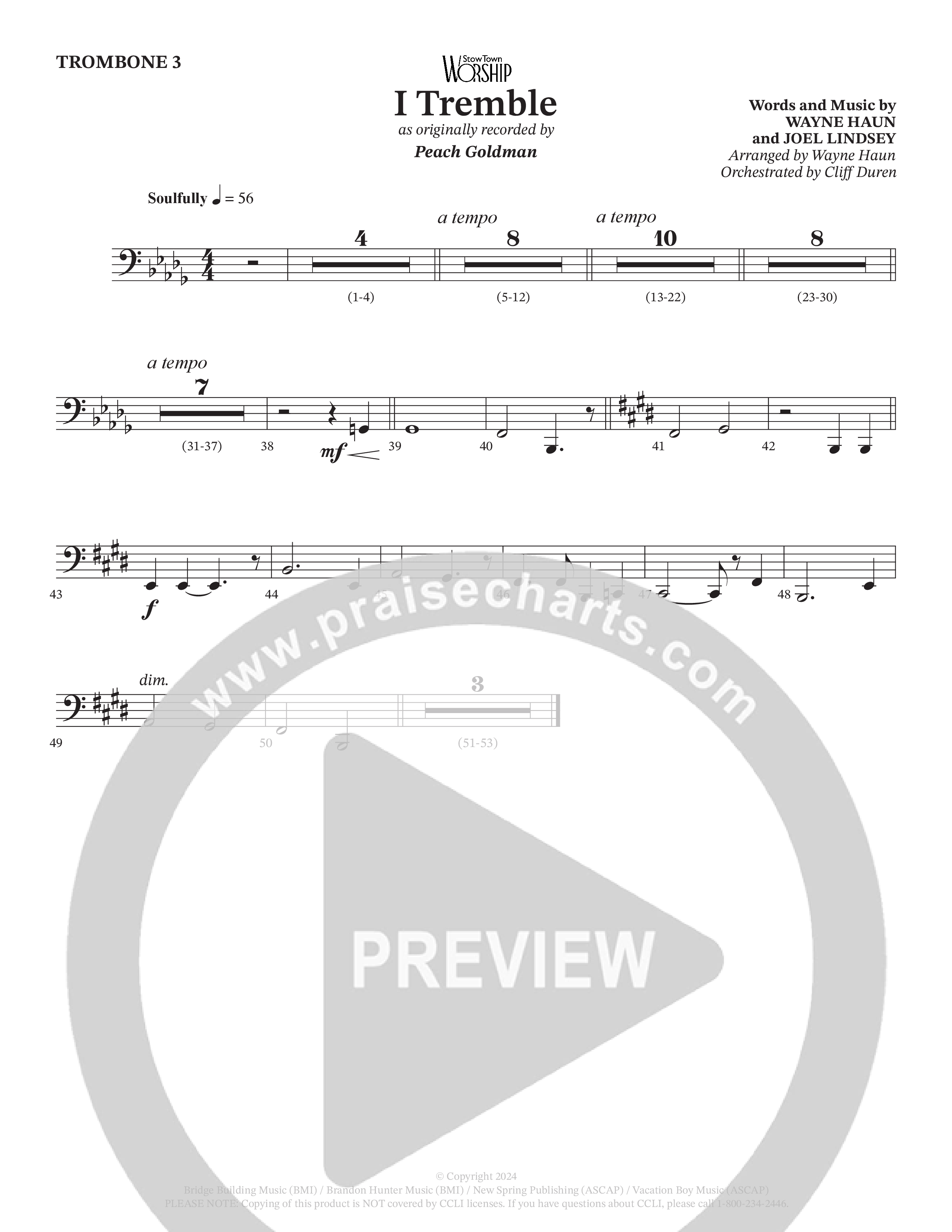 I Tremble (Choral Anthem SATB) Trombone 3 (Peach Goldman / Arr. Wayne Haun / Orch. Cliff Duren)