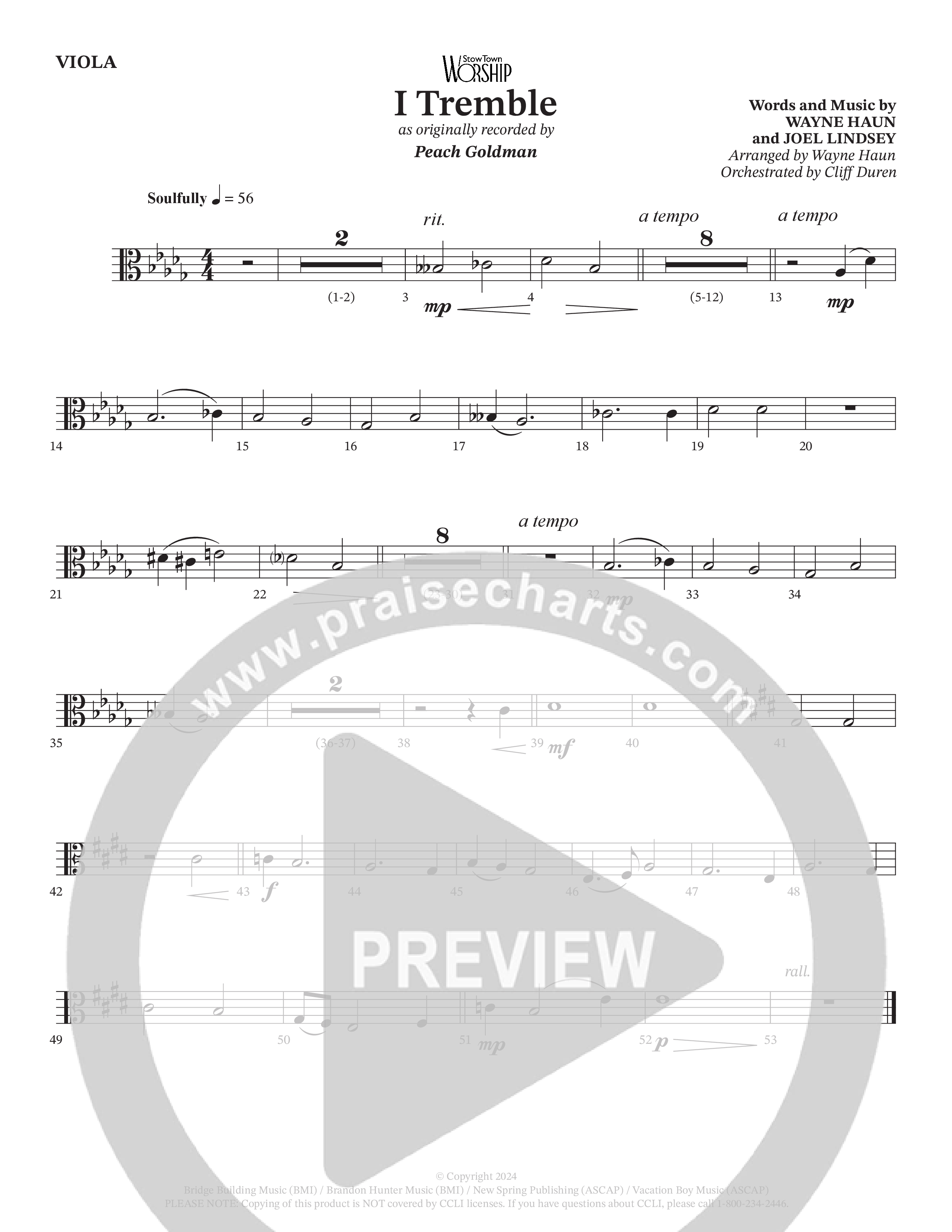 I Tremble (Choral Anthem SATB) Viola (Peach Goldman / Arr. Wayne Haun / Orch. Cliff Duren)