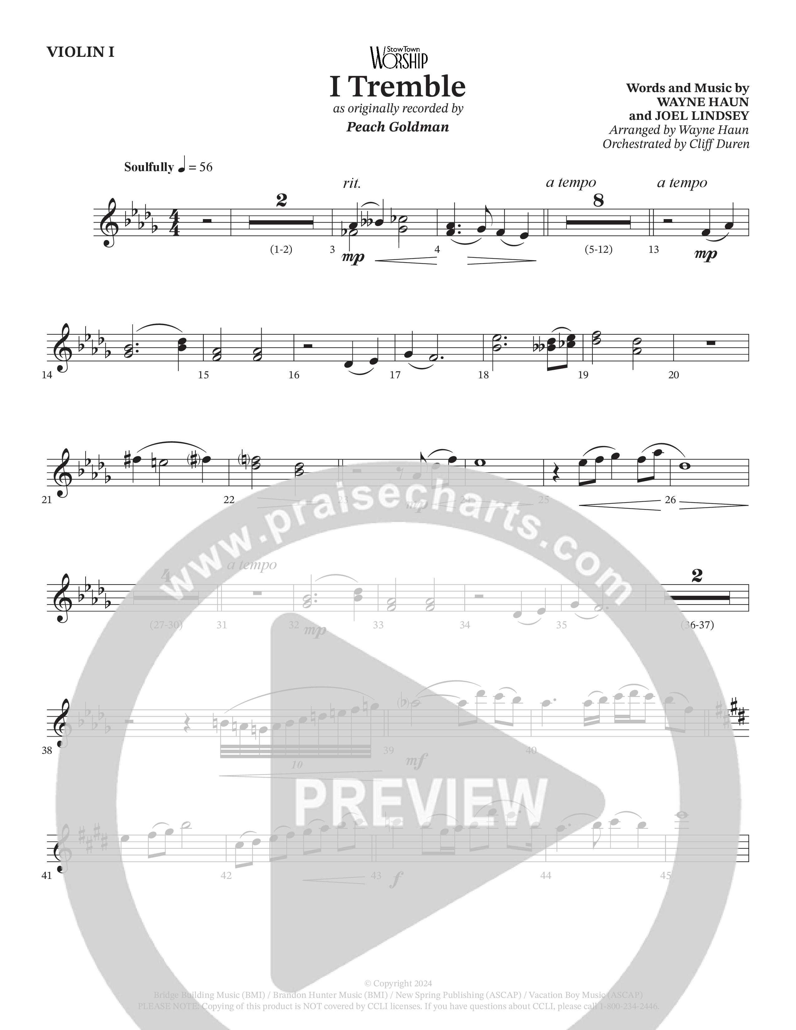 I Tremble (Choral Anthem SATB) Violin 1 (Peach Goldman / Arr. Wayne Haun / Orch. Cliff Duren)