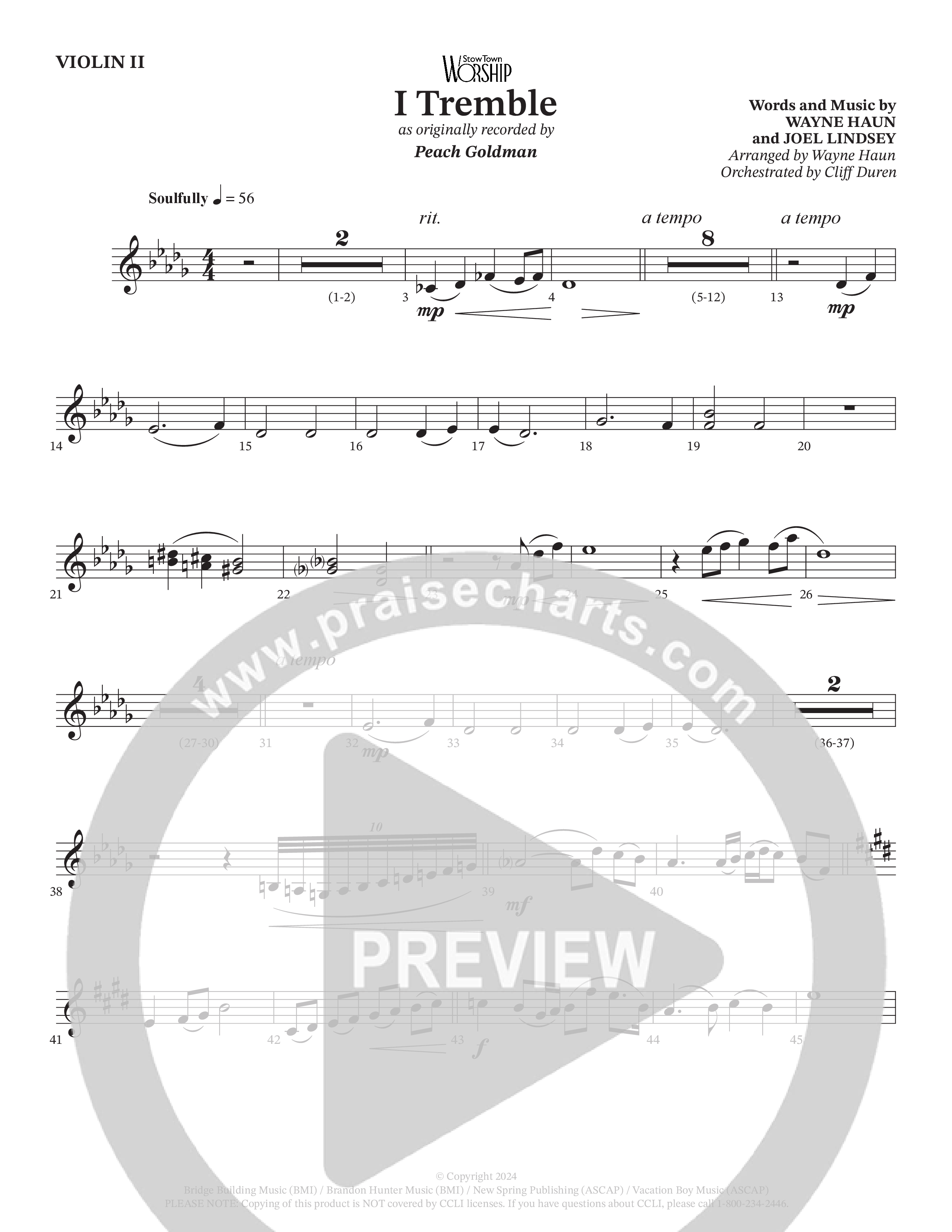 I Tremble (Choral Anthem SATB) Violin 2 (Peach Goldman / Arr. Wayne Haun / Orch. Cliff Duren)