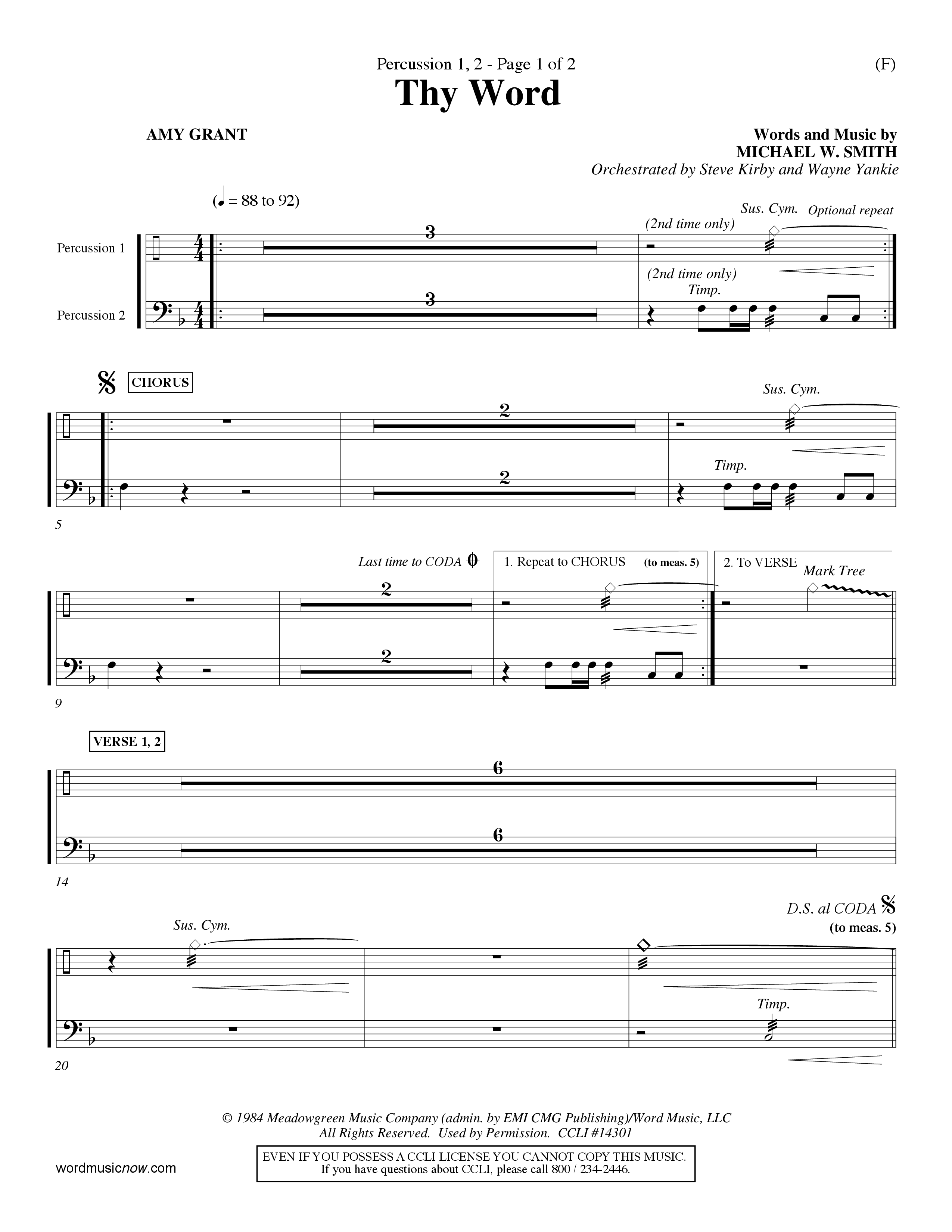 Thy Word (Choral Anthem SATB) Percussion 1/2 (Word Music Choral / Orch. Steve Kirby / Orch. Wayne Yankie)