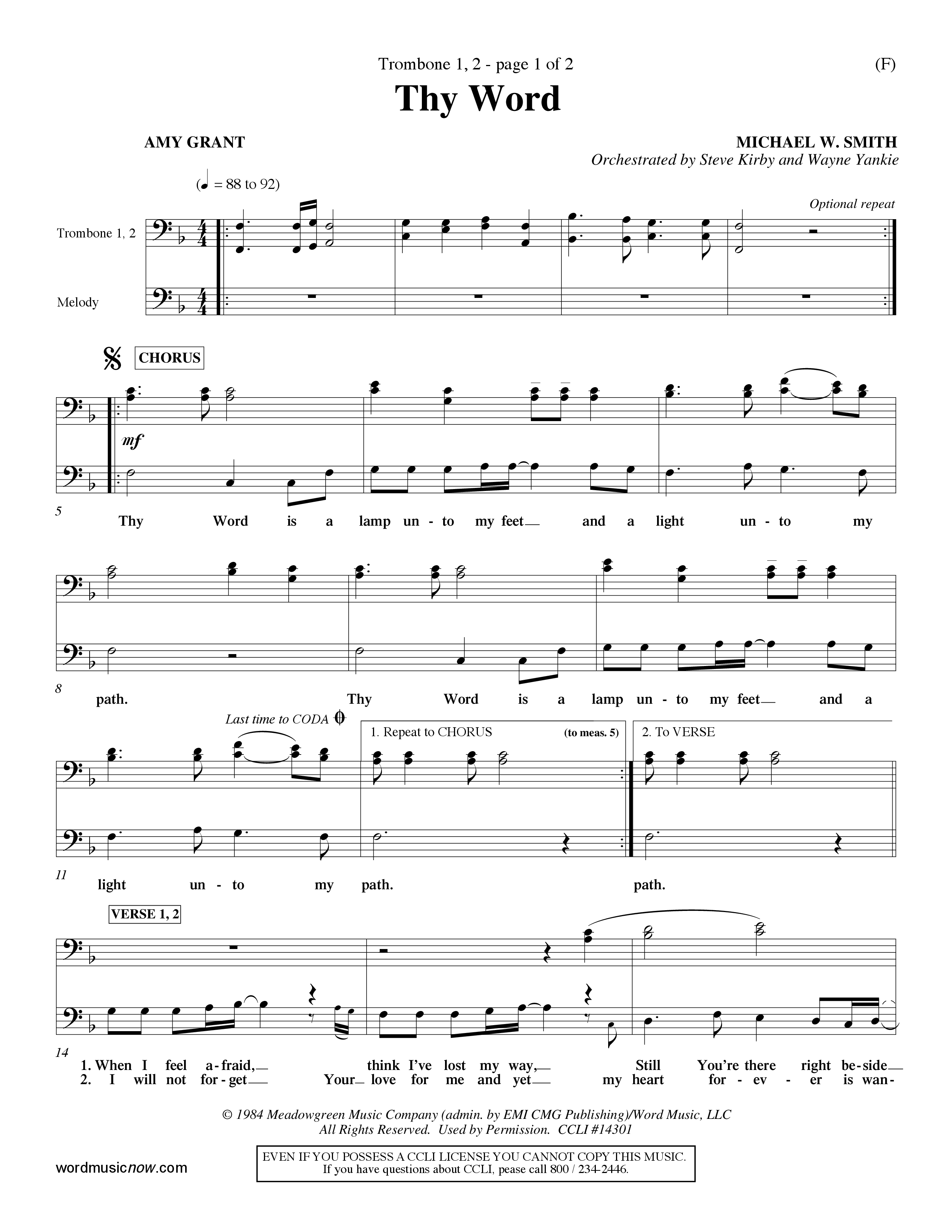 Thy Word (Choral Anthem SATB) Trombone 1/2 (Word Music Choral / Orch. Steve Kirby / Orch. Wayne Yankie)