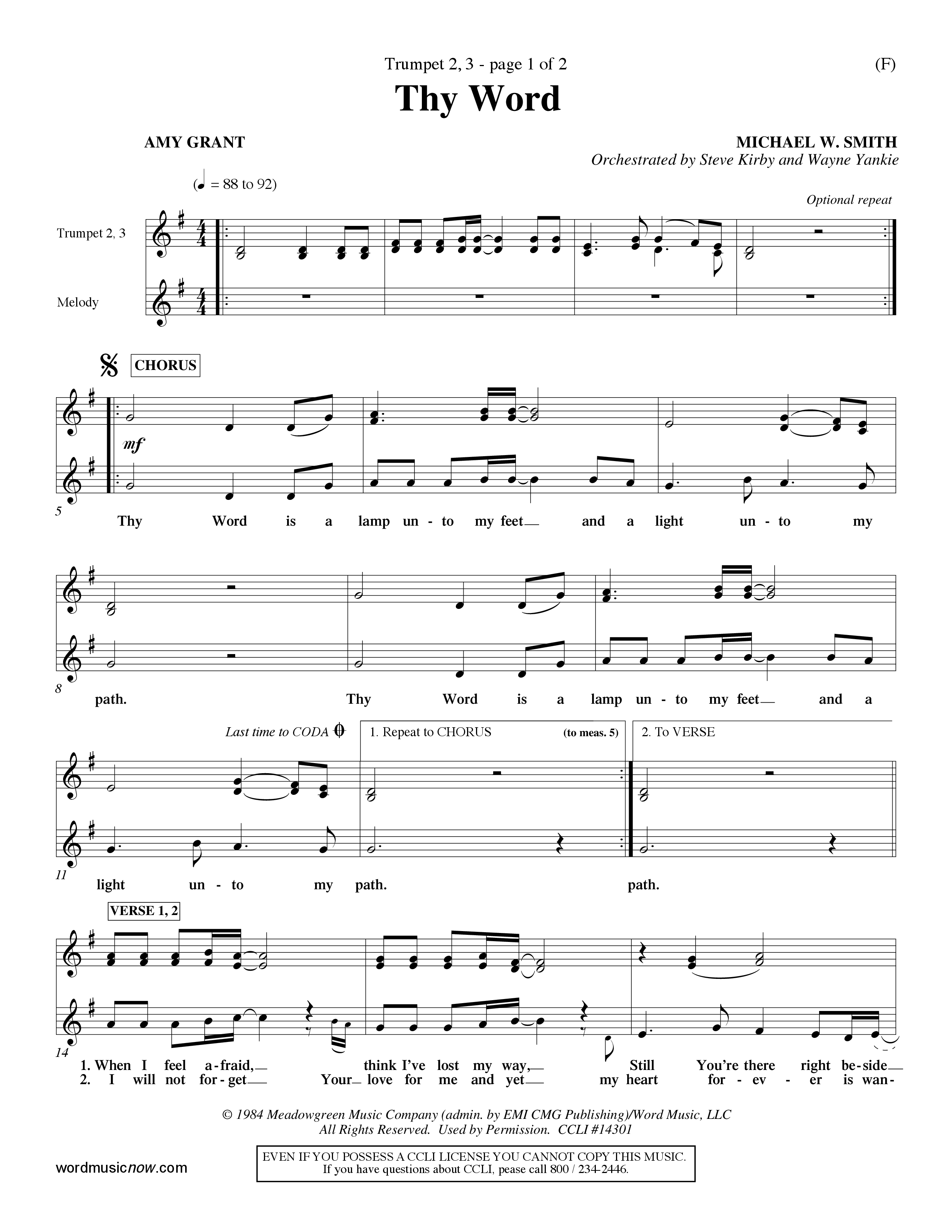 Thy Word (Choral Anthem SATB) Trumpet 2/3 (Word Music Choral / Orch. Steve Kirby / Orch. Wayne Yankie)
