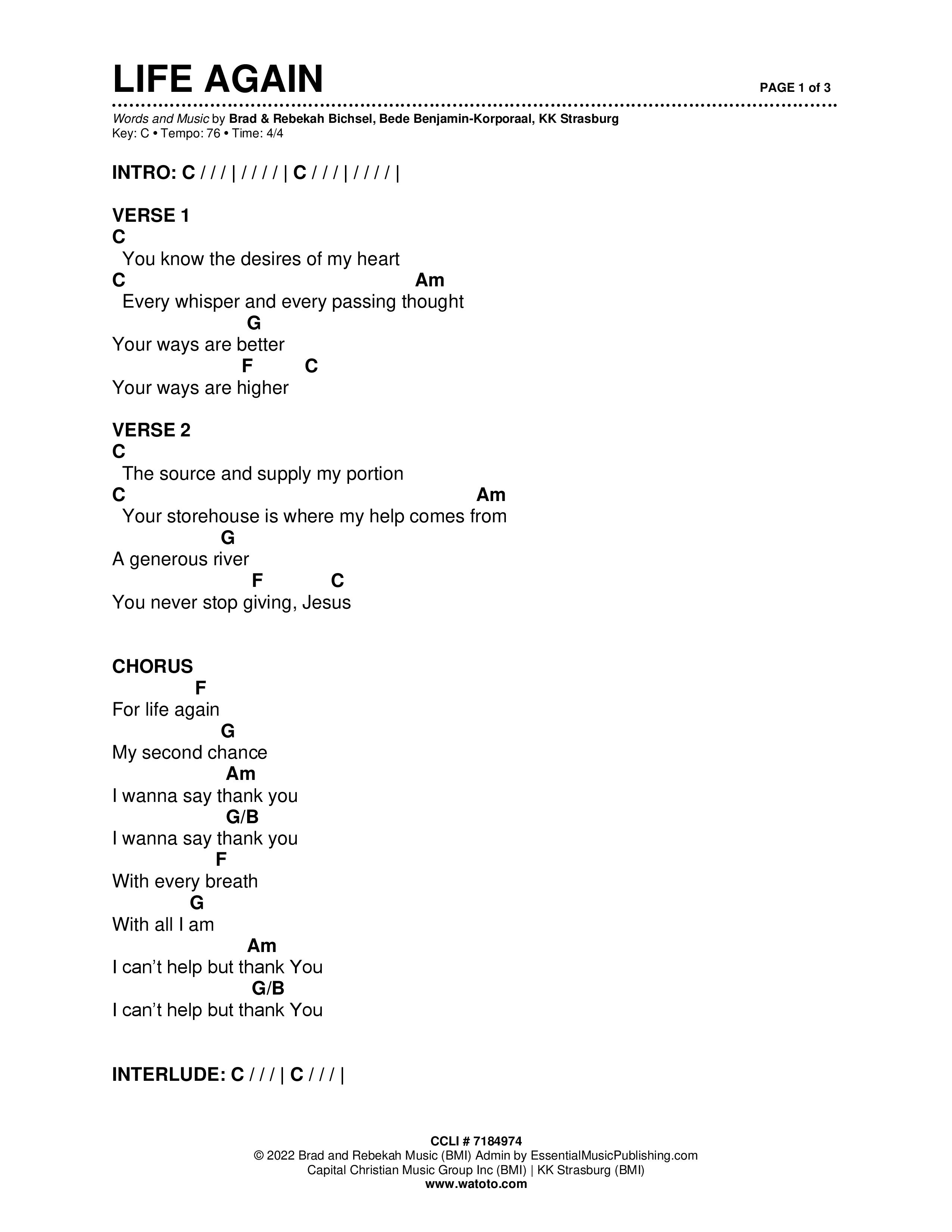 Life Again (Live) Chord Chart (Brad & Rebekah / CCV Music / Watoto)