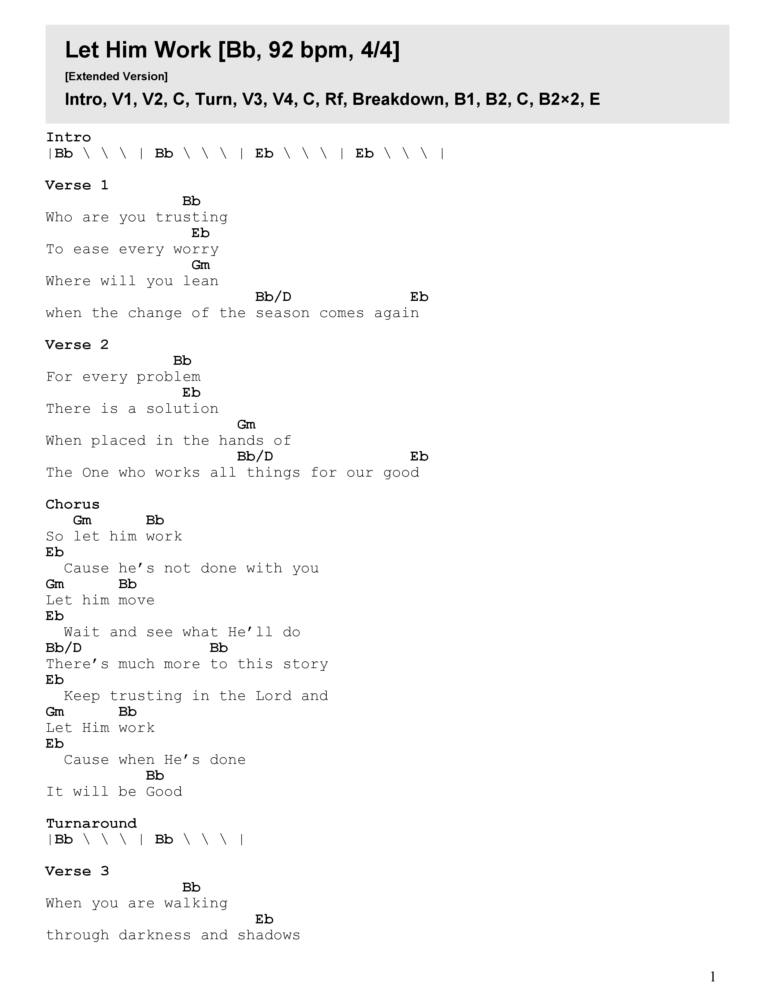 Let Him Work (Live) Chord Chart (Faith Worship Arts / John Dreher)