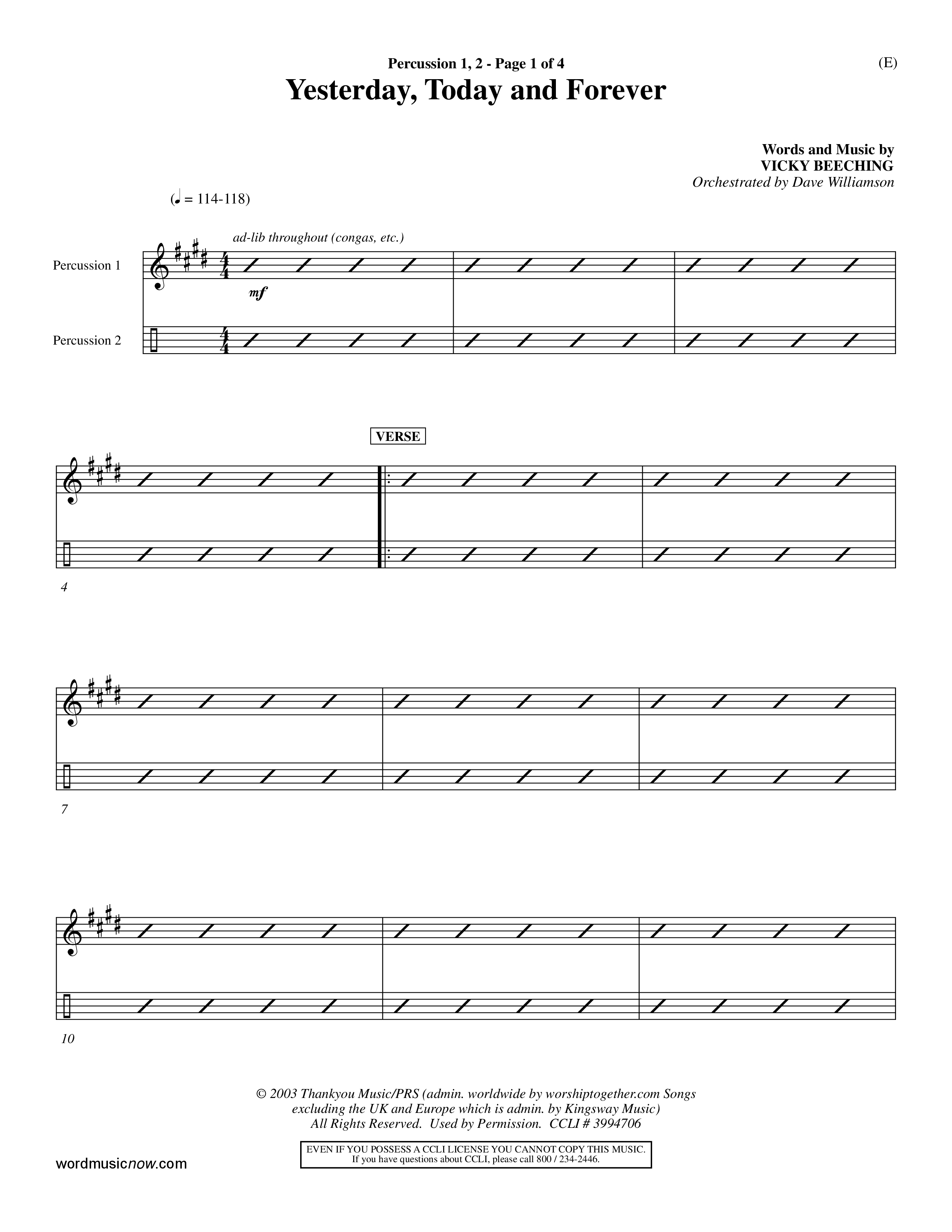 Yesterday Today and Forever (Choral Anthem SATB) Percussion 1/2 (Word Music / Orch. Dave Williamson)