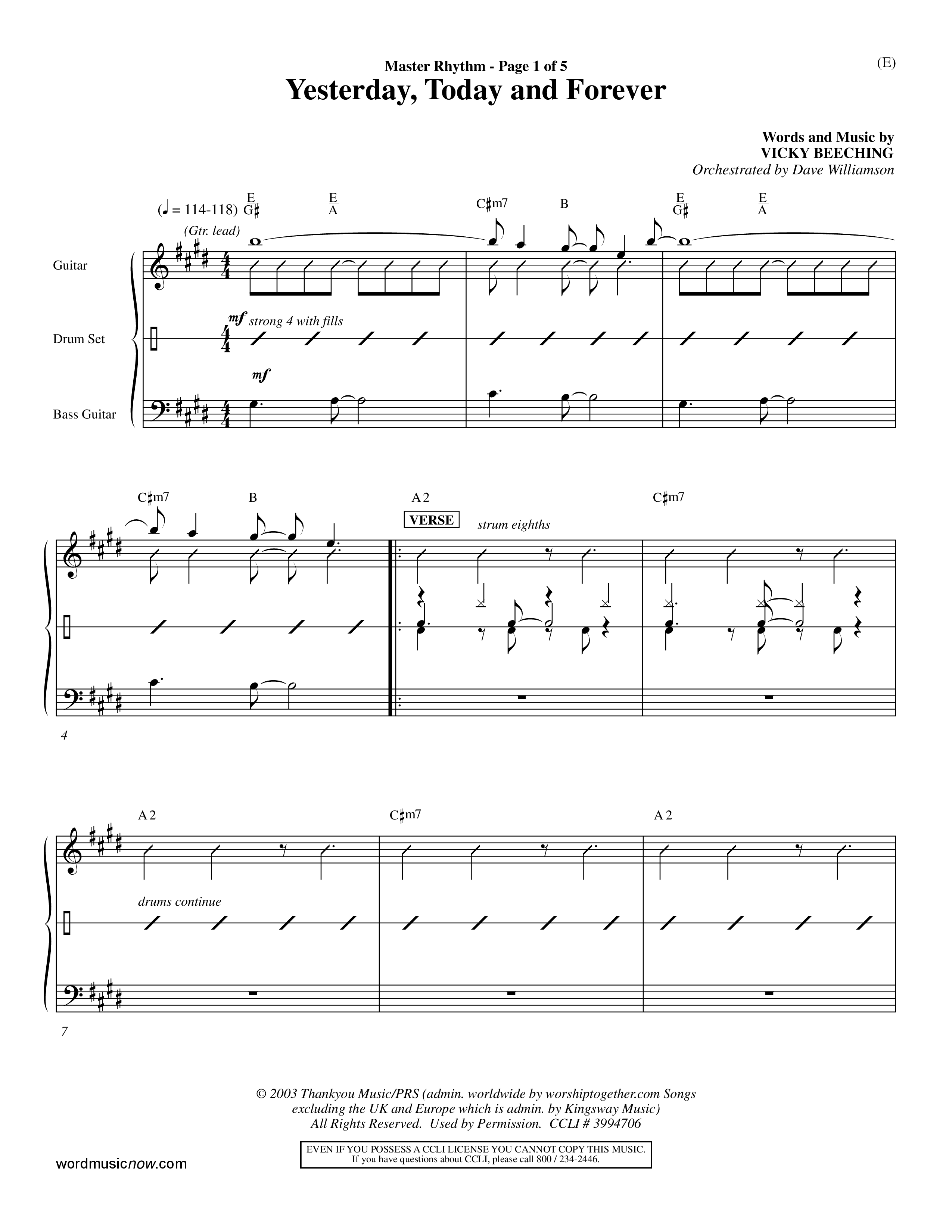 Yesterday Today and Forever (Choral Anthem SATB) Rhythm Chart (Word Music / Orch. Dave Williamson)