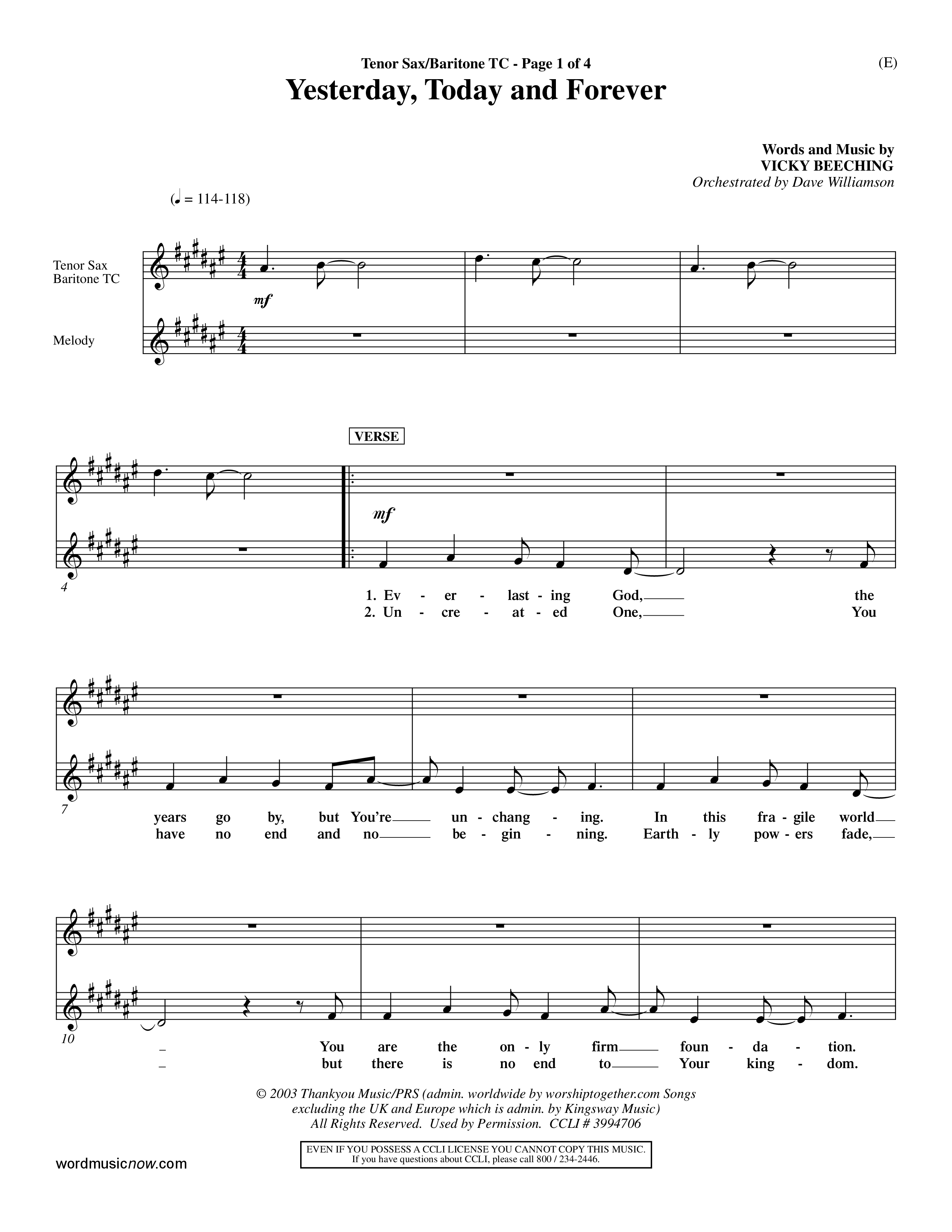 Yesterday Today and Forever (Choral Anthem SATB) Tenor Sax/Baritone T.C. (Word Music / Orch. Dave Williamson)