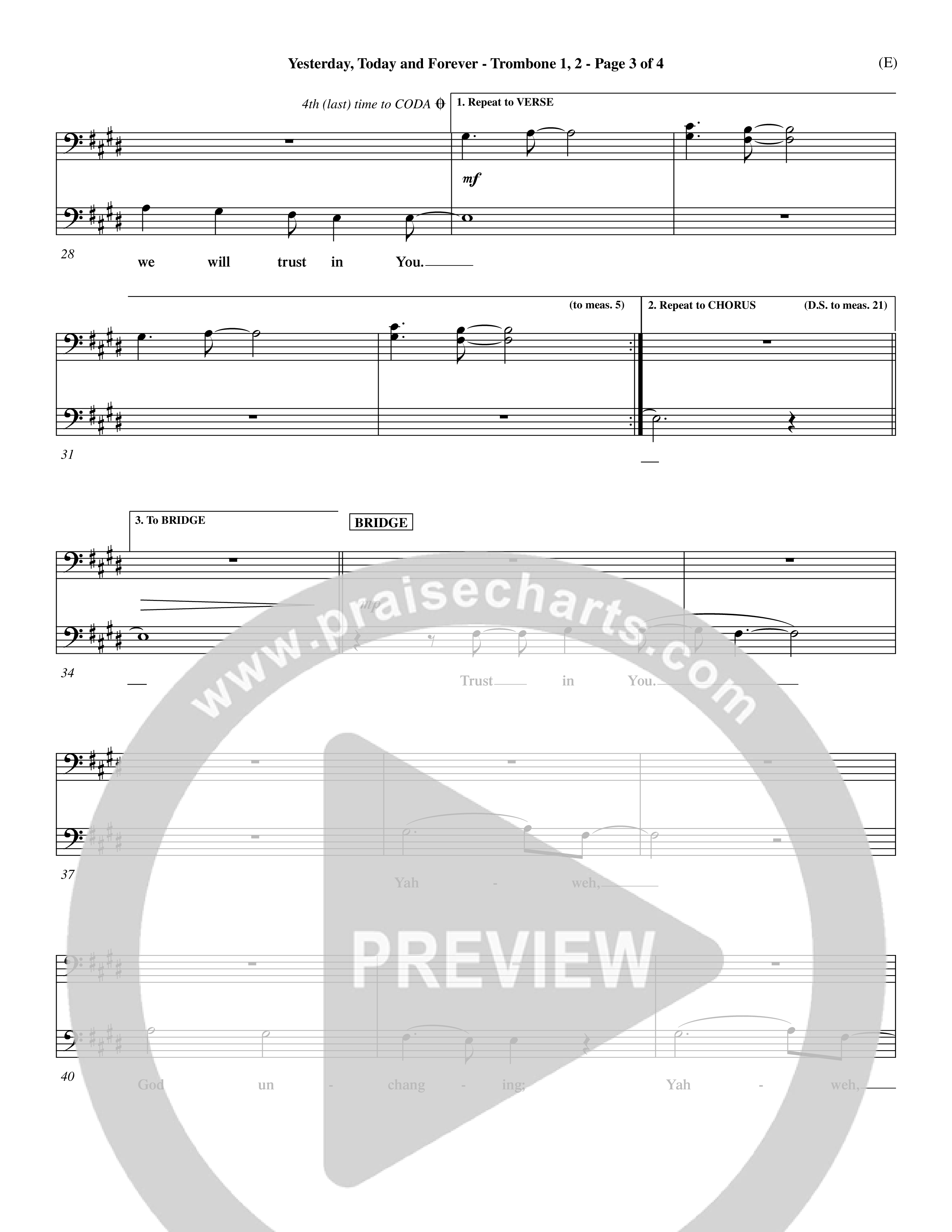 Yesterday Today and Forever (Choral Anthem SATB) Trombone 1/2 (Word Music / Orch. Dave Williamson)