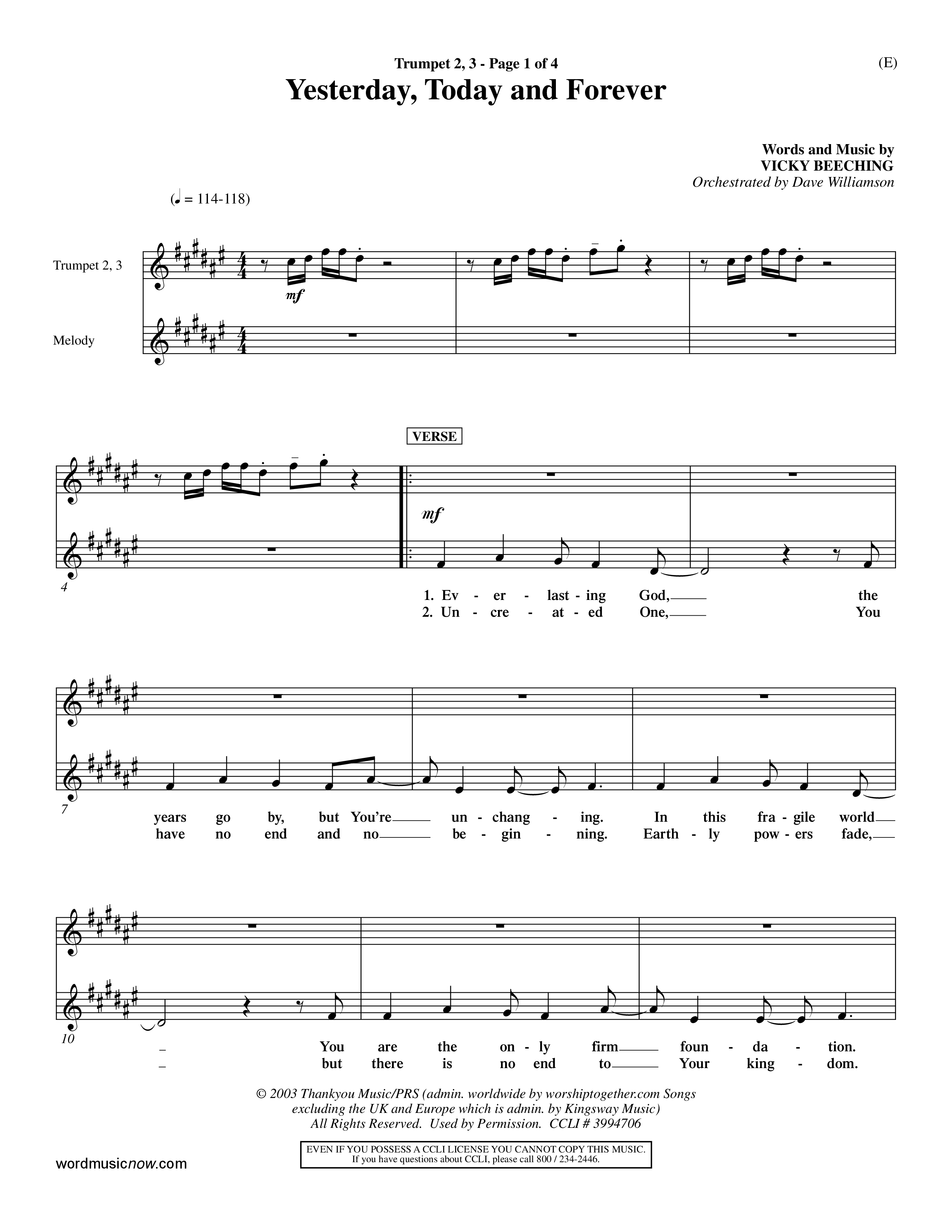 Yesterday Today and Forever (Choral Anthem SATB) Trumpet 2/3 (Word Music / Orch. Dave Williamson)