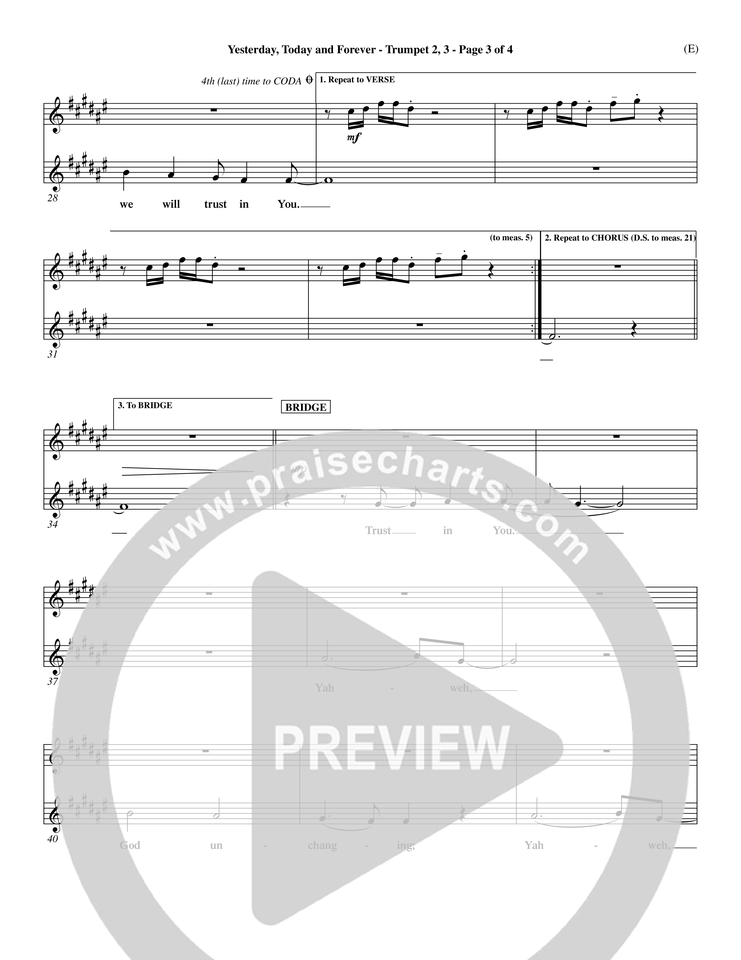 Yesterday Today and Forever (Choral Anthem SATB) Trumpet 2/3 (Word Music / Orch. Dave Williamson)