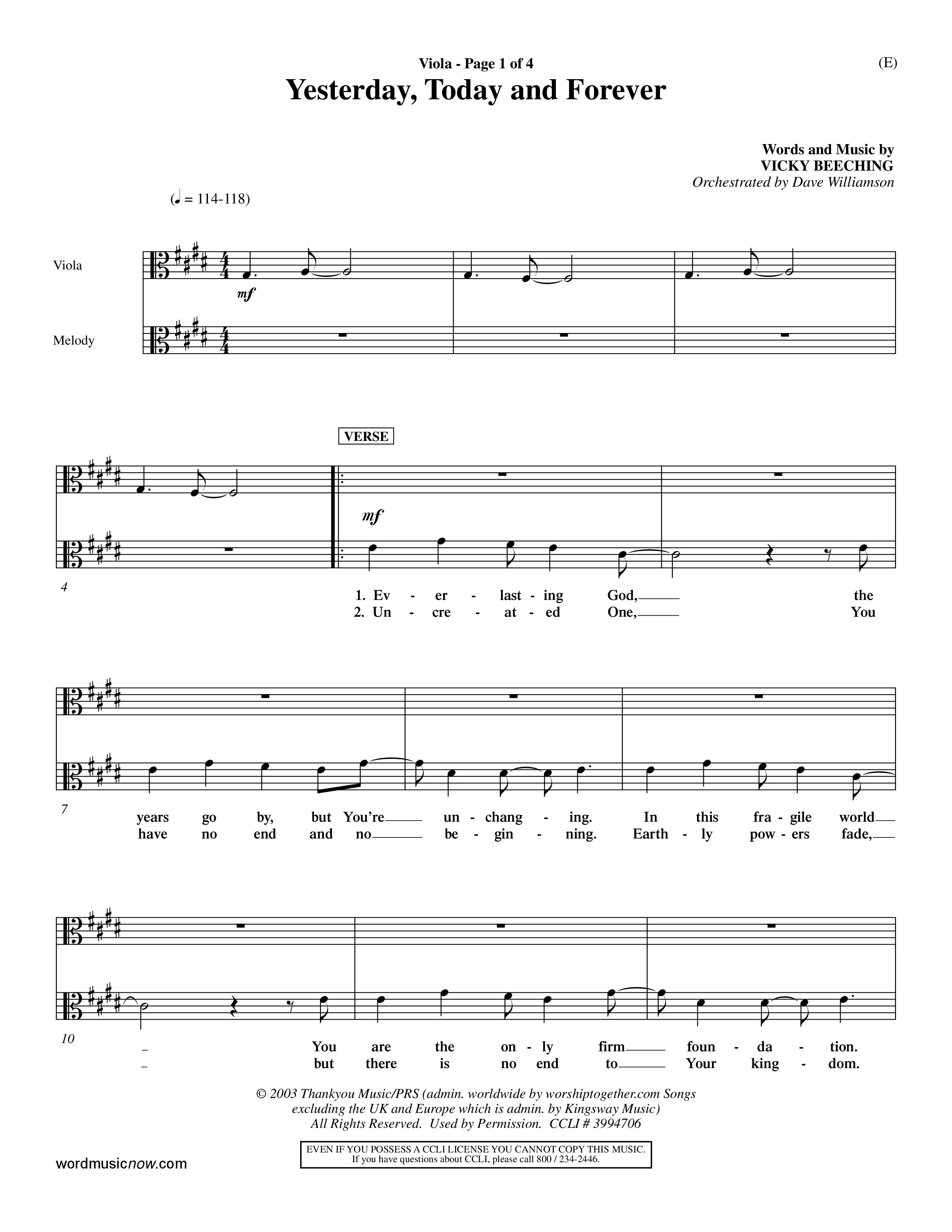 Yesterday Today and Forever (Choral Anthem SATB) Viola (Word Music / Orch. Dave Williamson)