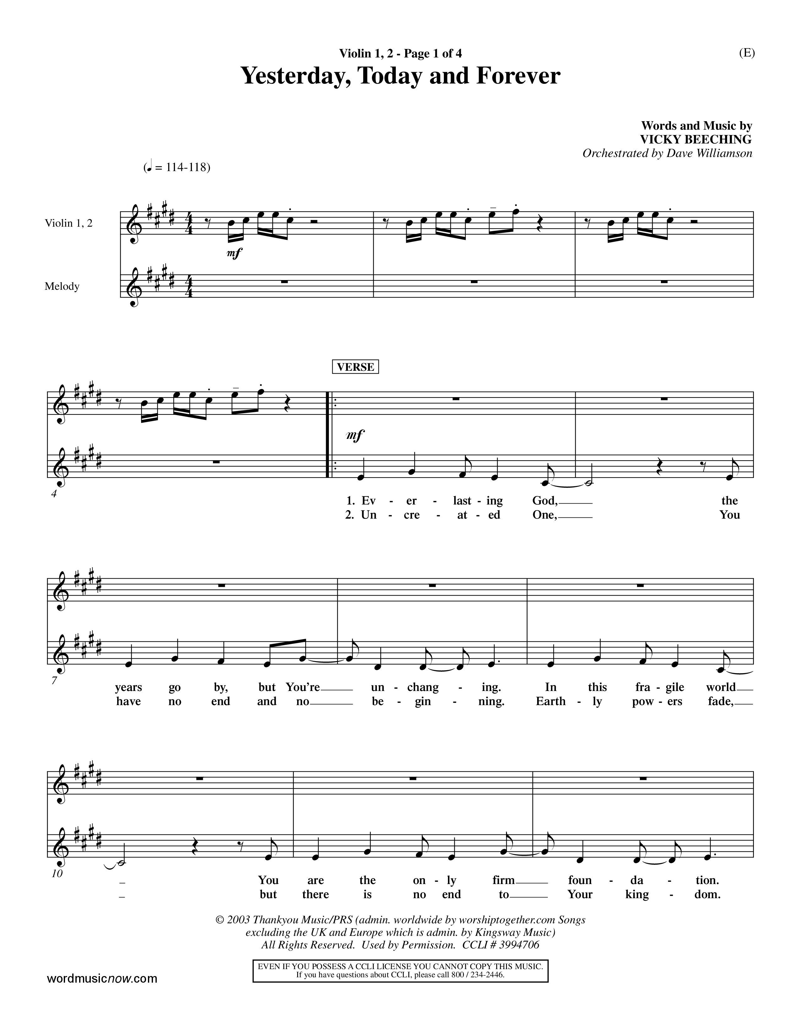 Yesterday Today and Forever (Choral Anthem SATB) Violin 1/2 (Word Music / Orch. Dave Williamson)