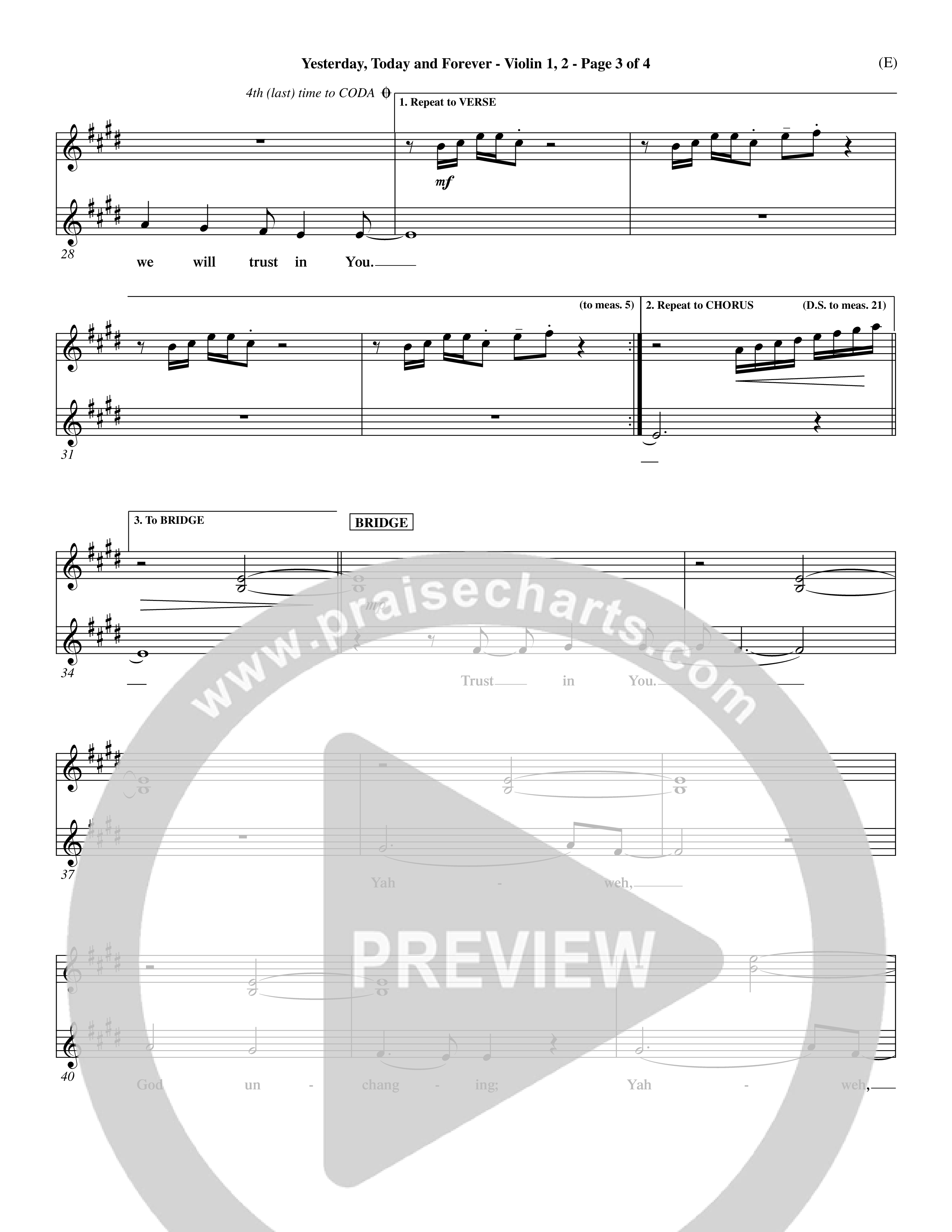 Yesterday Today and Forever (Choral Anthem SATB) Violin 1/2 (Word Music / Orch. Dave Williamson)