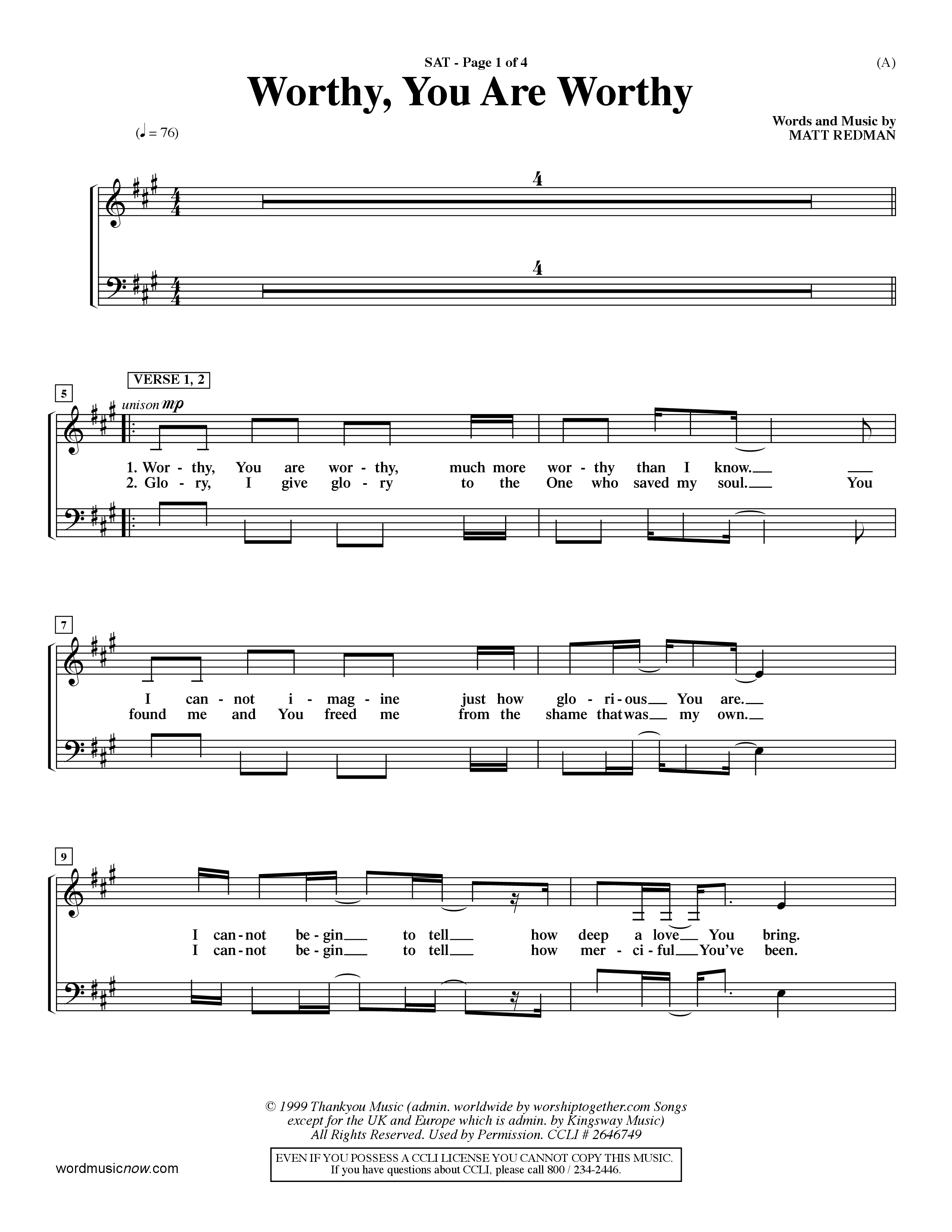 Worthy (Choral Anthem SATB) Choir Sheet (SATB) (Word Music / Orch. Dave Williamson)