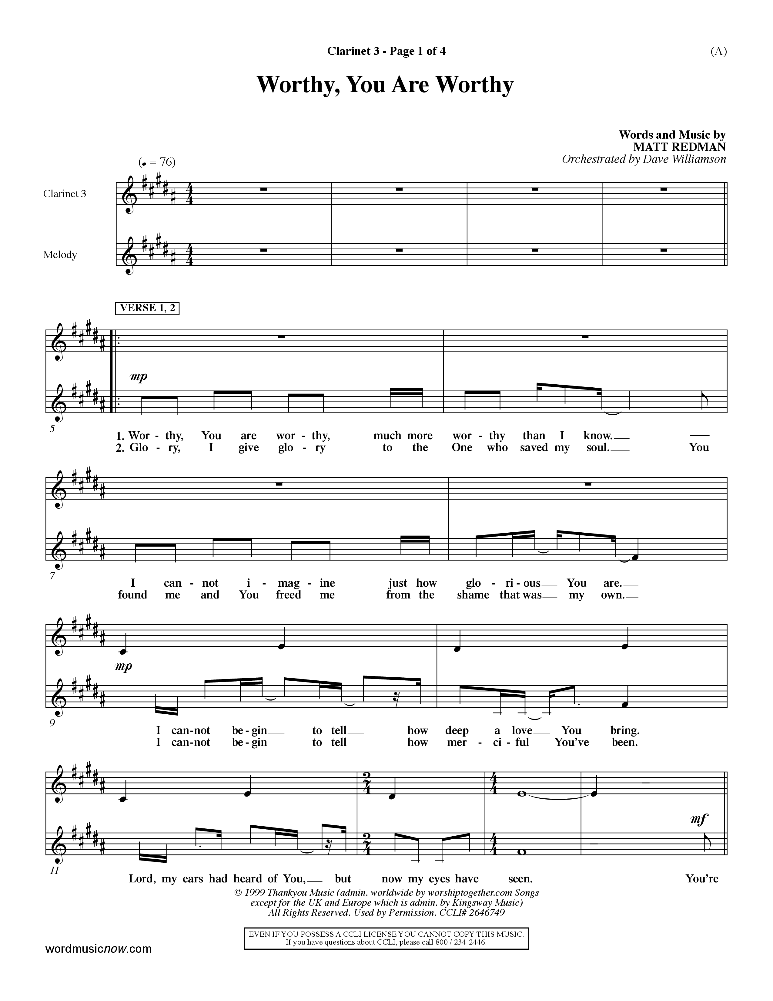 Worthy (Choral Anthem SATB) Clarinet 3 (Word Music / Orch. Dave Williamson)