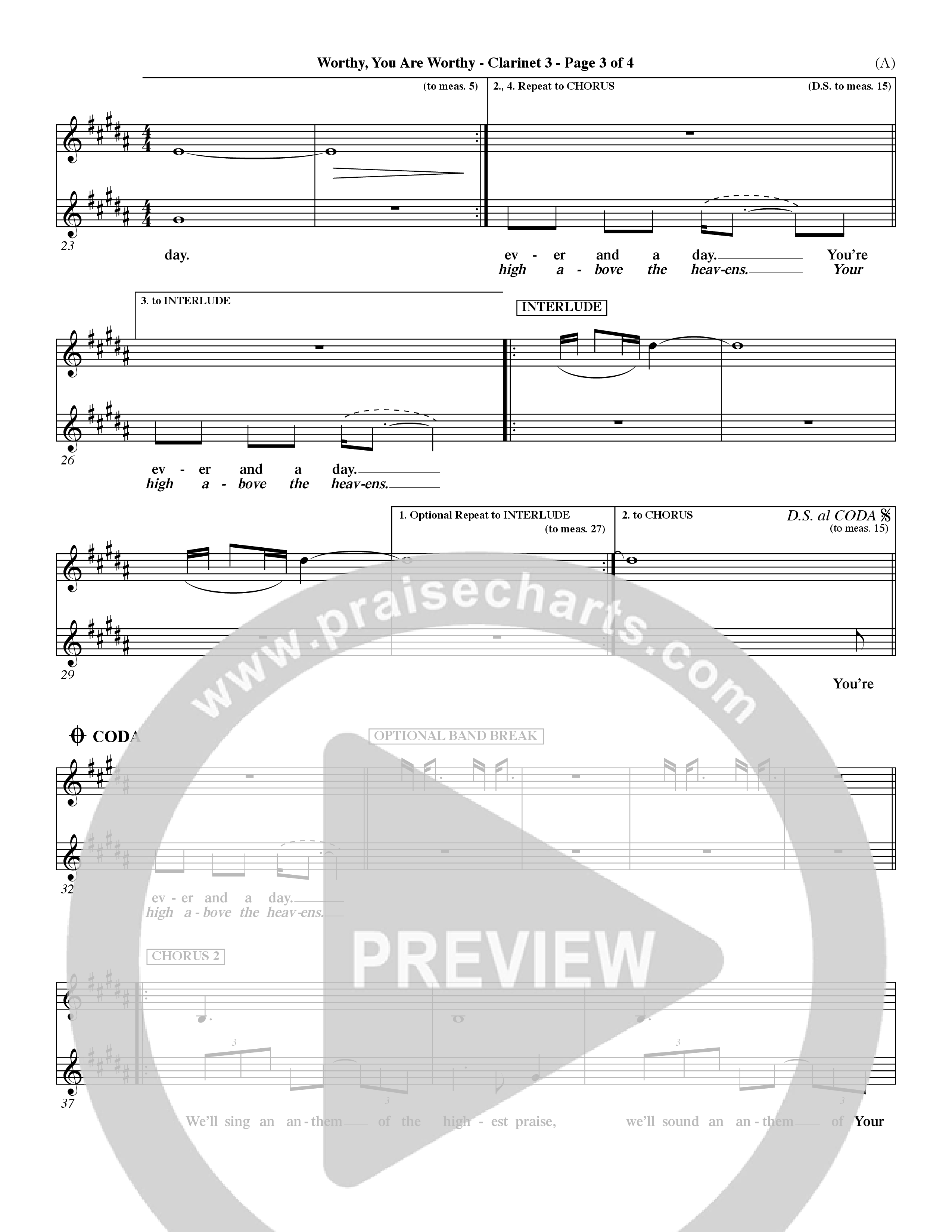 Worthy (Choral Anthem SATB) Clarinet 3 (Word Music / Orch. Dave Williamson)