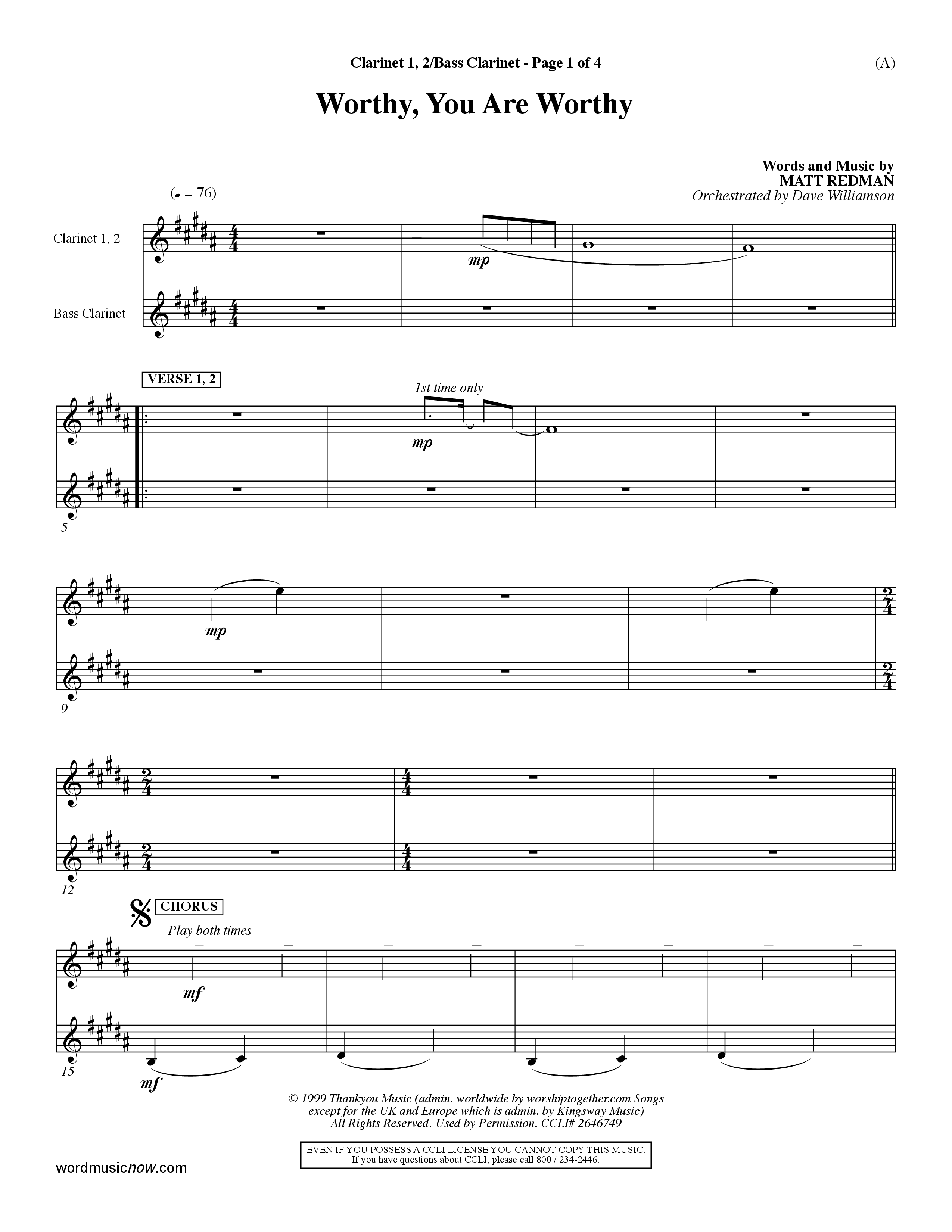 Worthy (Choral Anthem SATB) Clarinet (Word Music / Orch. Dave Williamson)