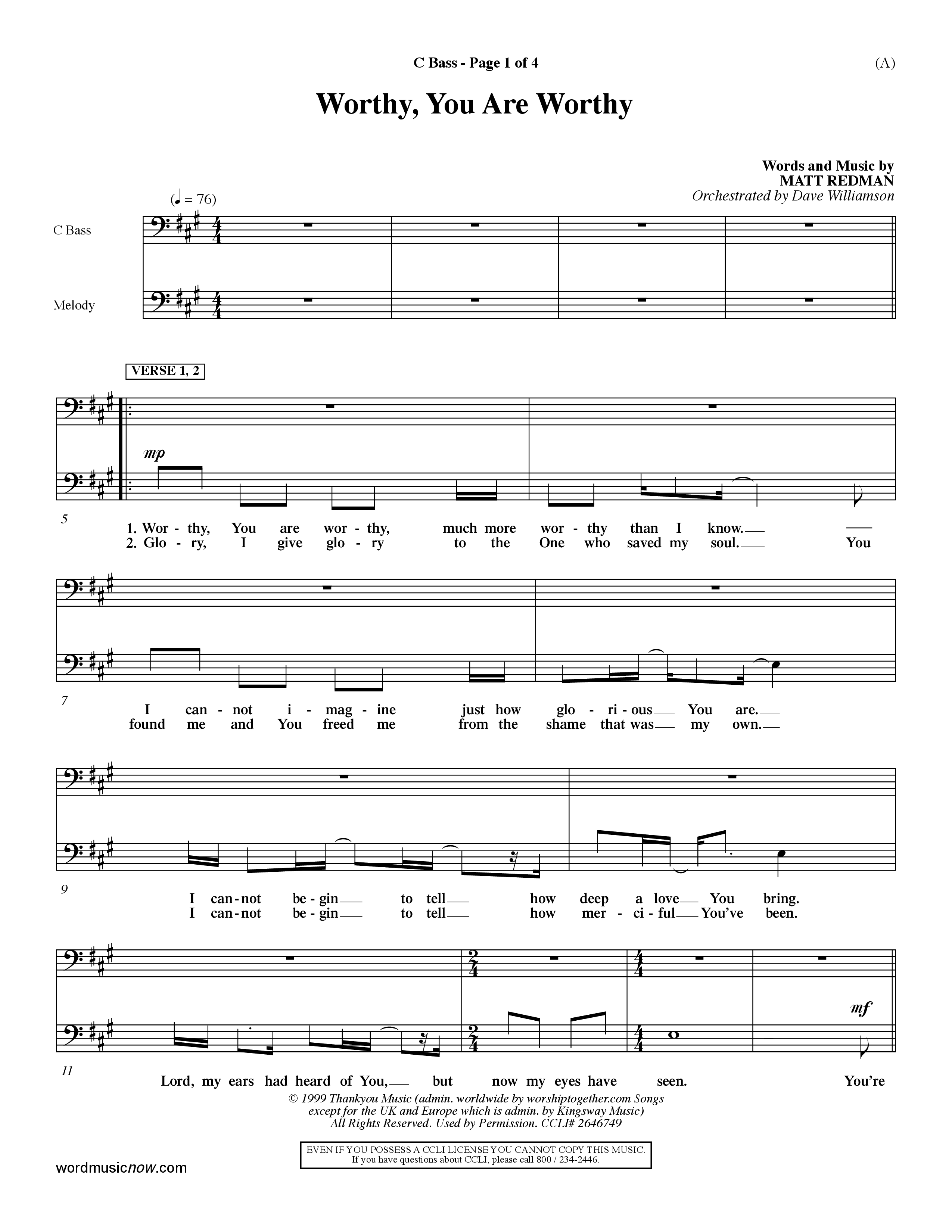 Worthy (Choral Anthem SATB) Contrabass (Word Music / Orch. Dave Williamson)